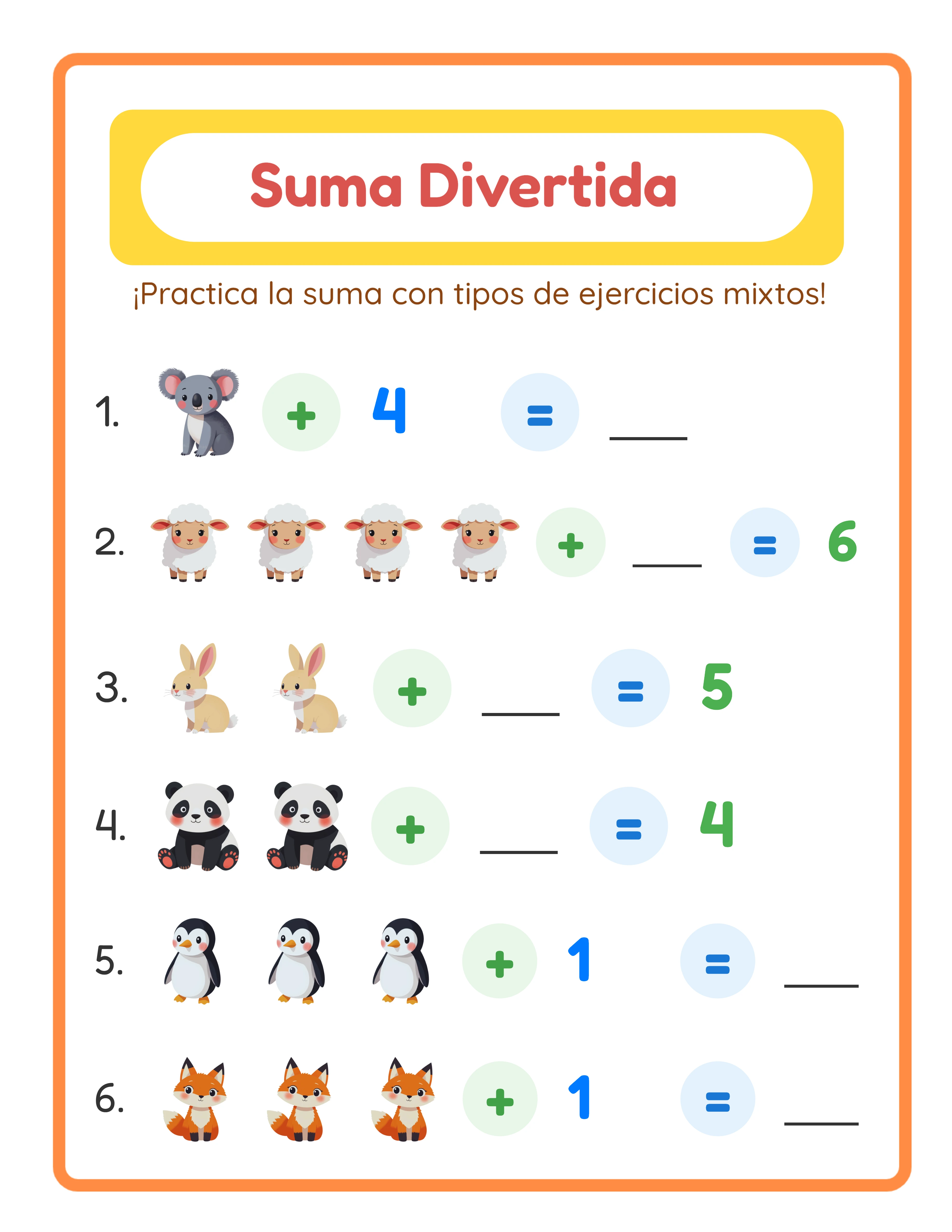 Ficha de suma profesional — diseño limpio con imágenes temáticas