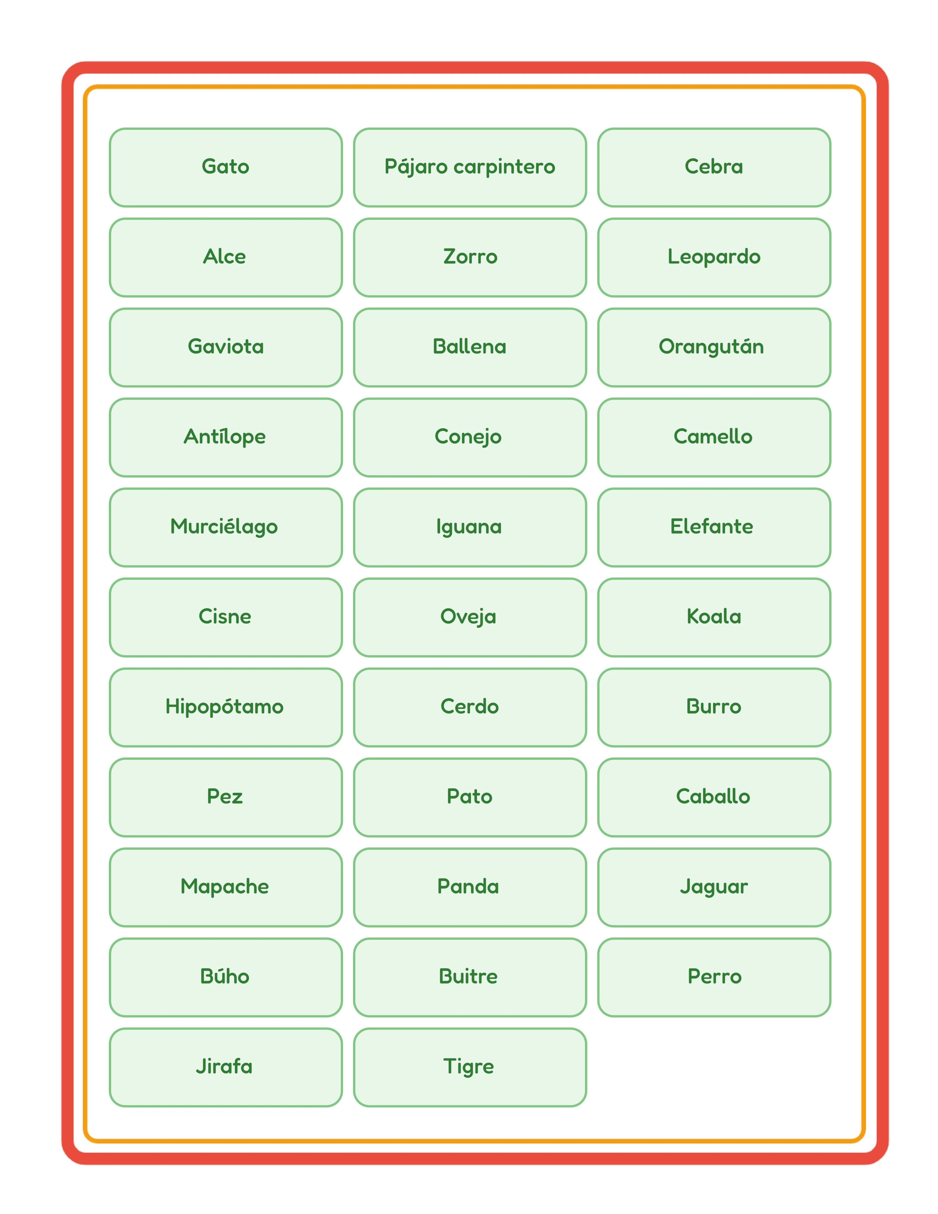 Hoja de referencia de bingo con cuadrícula dinámica de palabras mostrando todos los elementos del juego organizados en columnas para el cantante