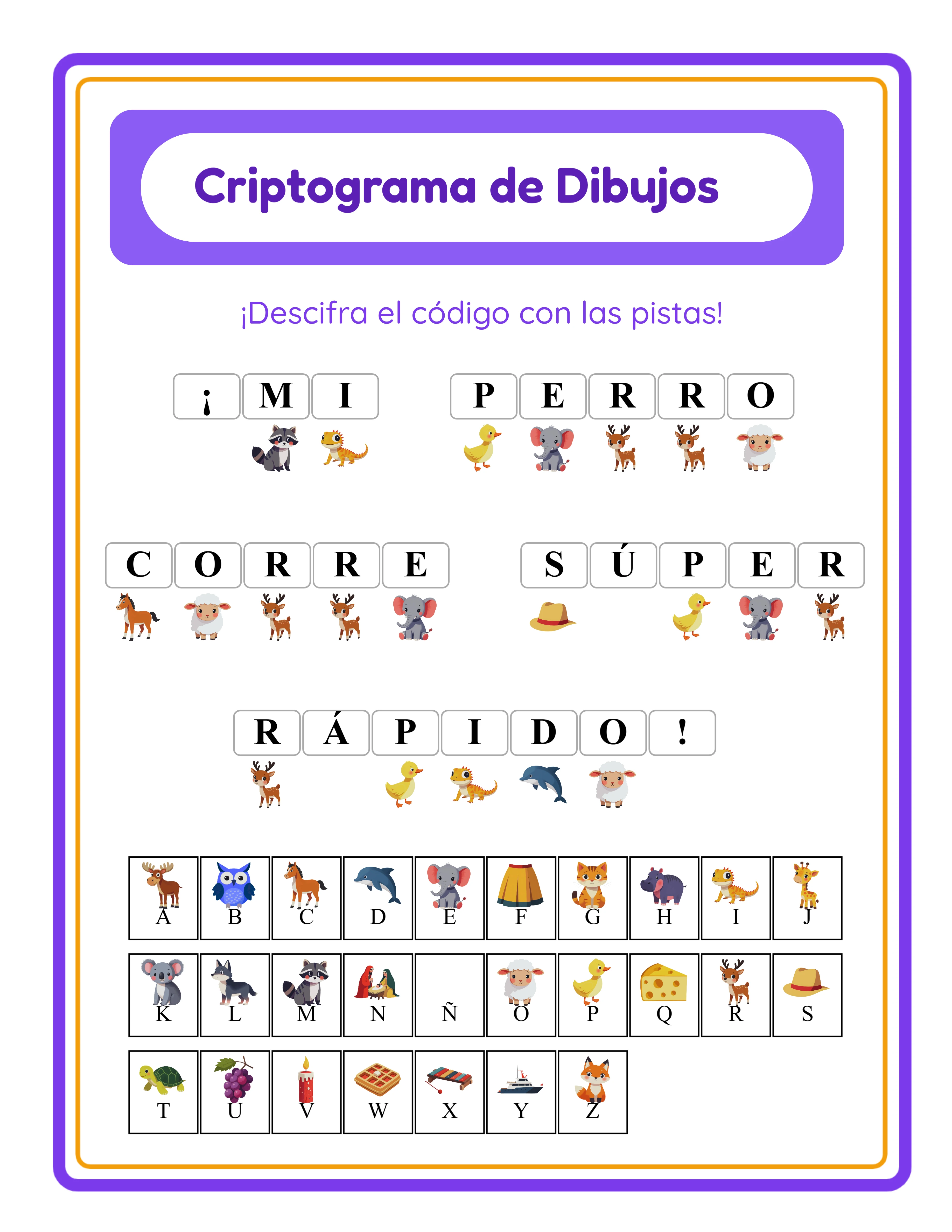 Clave de respuestas del criptograma con leyenda de letras completa mostrando todas las asociaciones alfabeto-imagen en orden