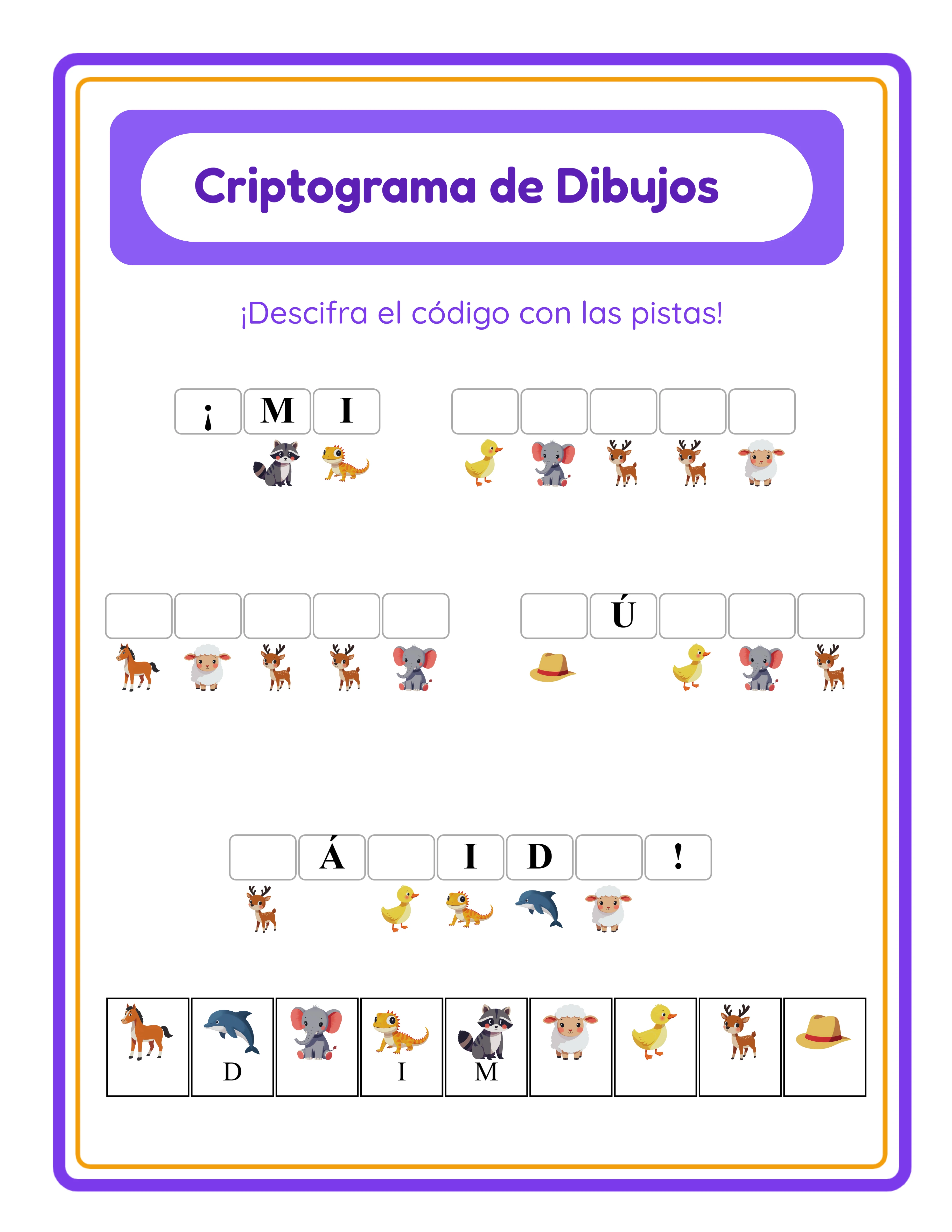 Ficha de criptograma con cifrado de imágenes mostrando imágenes temáticas asociadas a letras del alfabeto codificando una frase secreta