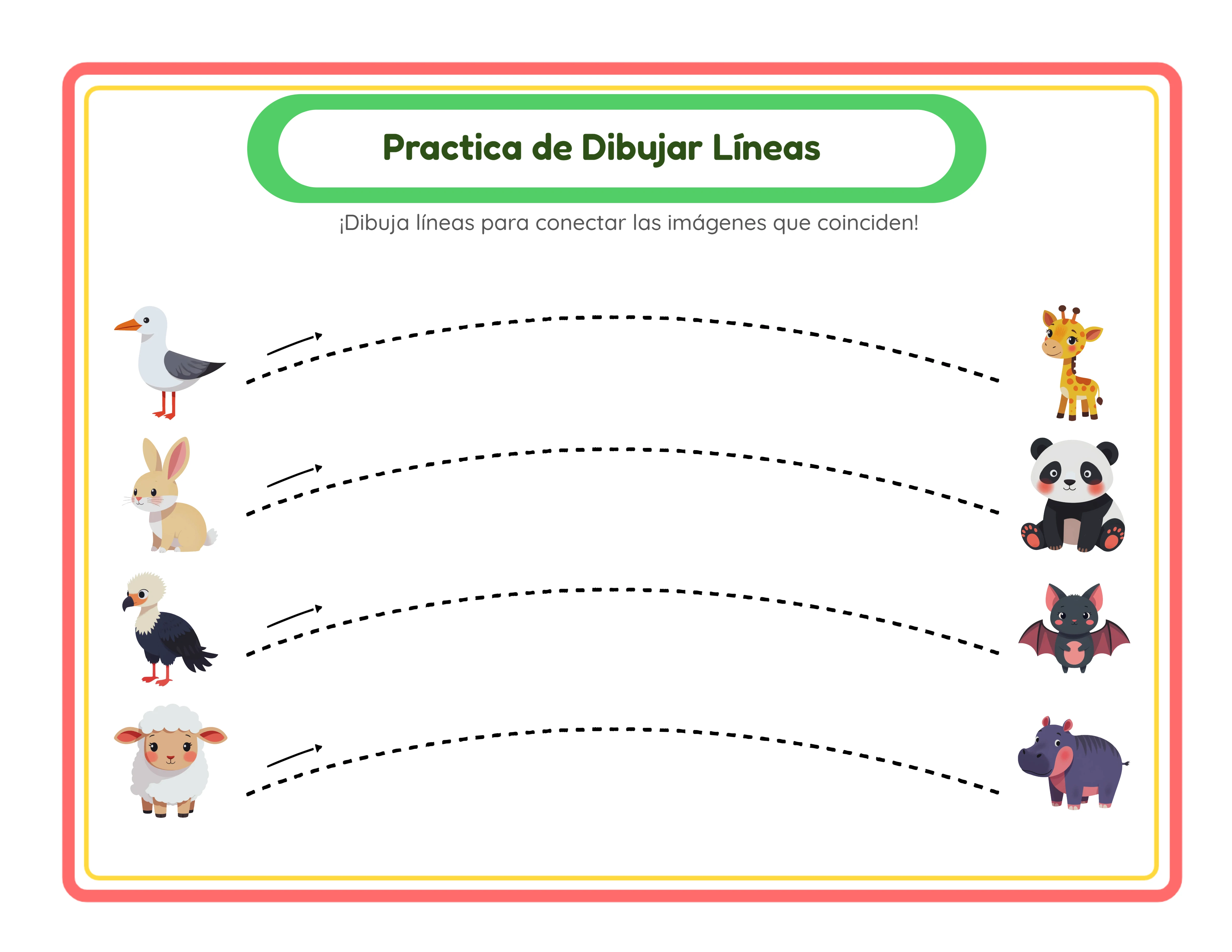 Ficha de trazado de líneas con plantilla de curvas conectando pares de imágenes de animales a color en orientación horizontal