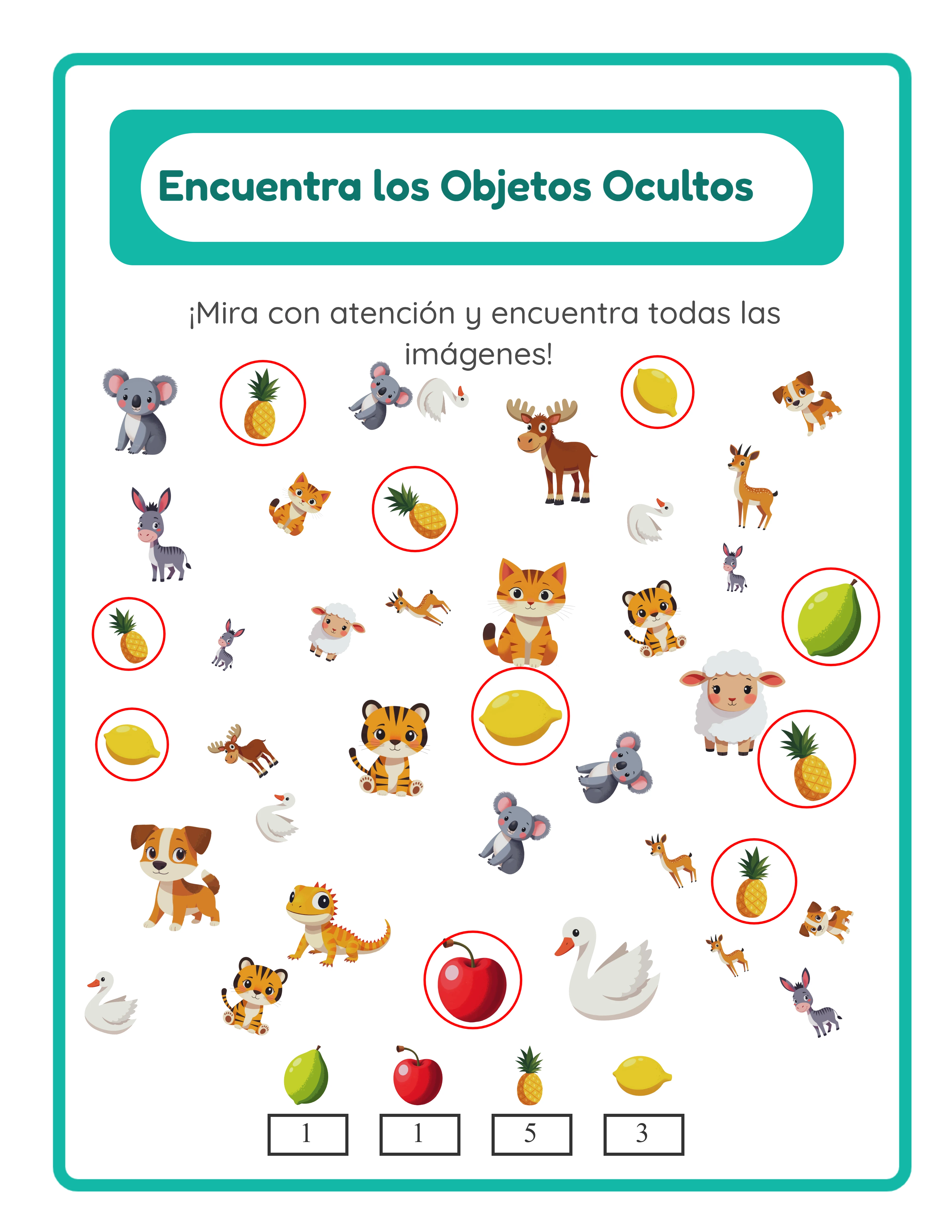 Clave de respuestas de ficha de objetos ocultos con círculos rojos dibujados alrededor de los objetos objetivo