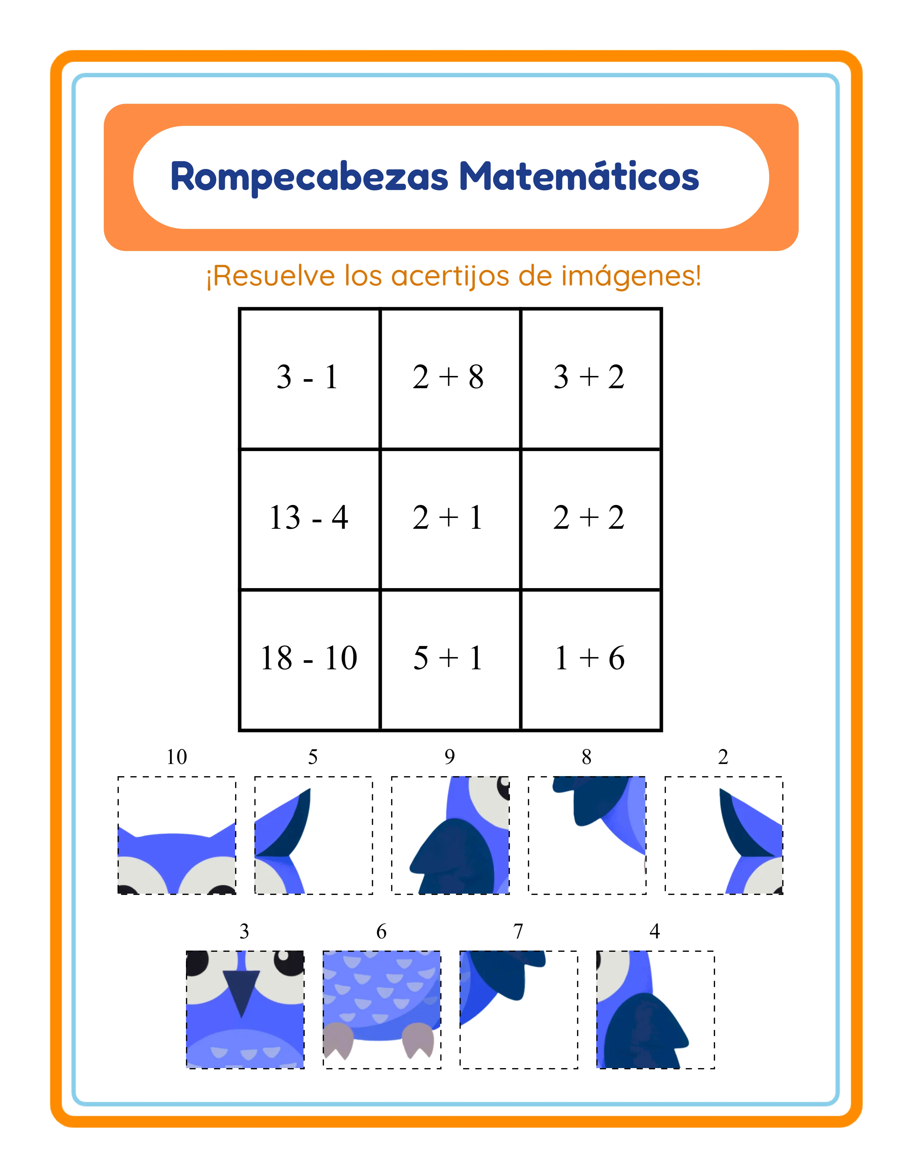 Puzzle matemático mixto de suma y resta con cuadrícula grande para usuarios avanzados