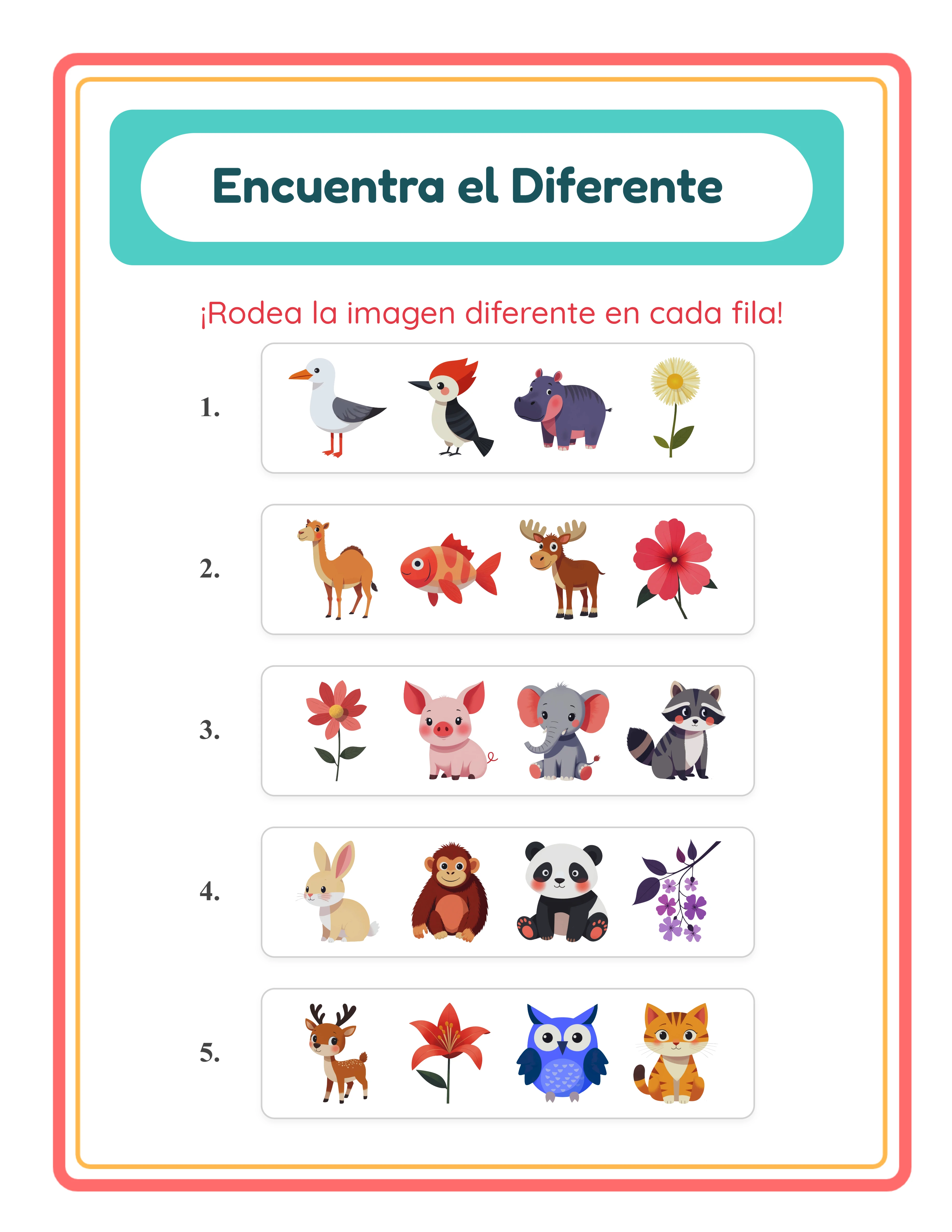 Ficha de encuentra el diferente con filas de imágenes similares y una diferente