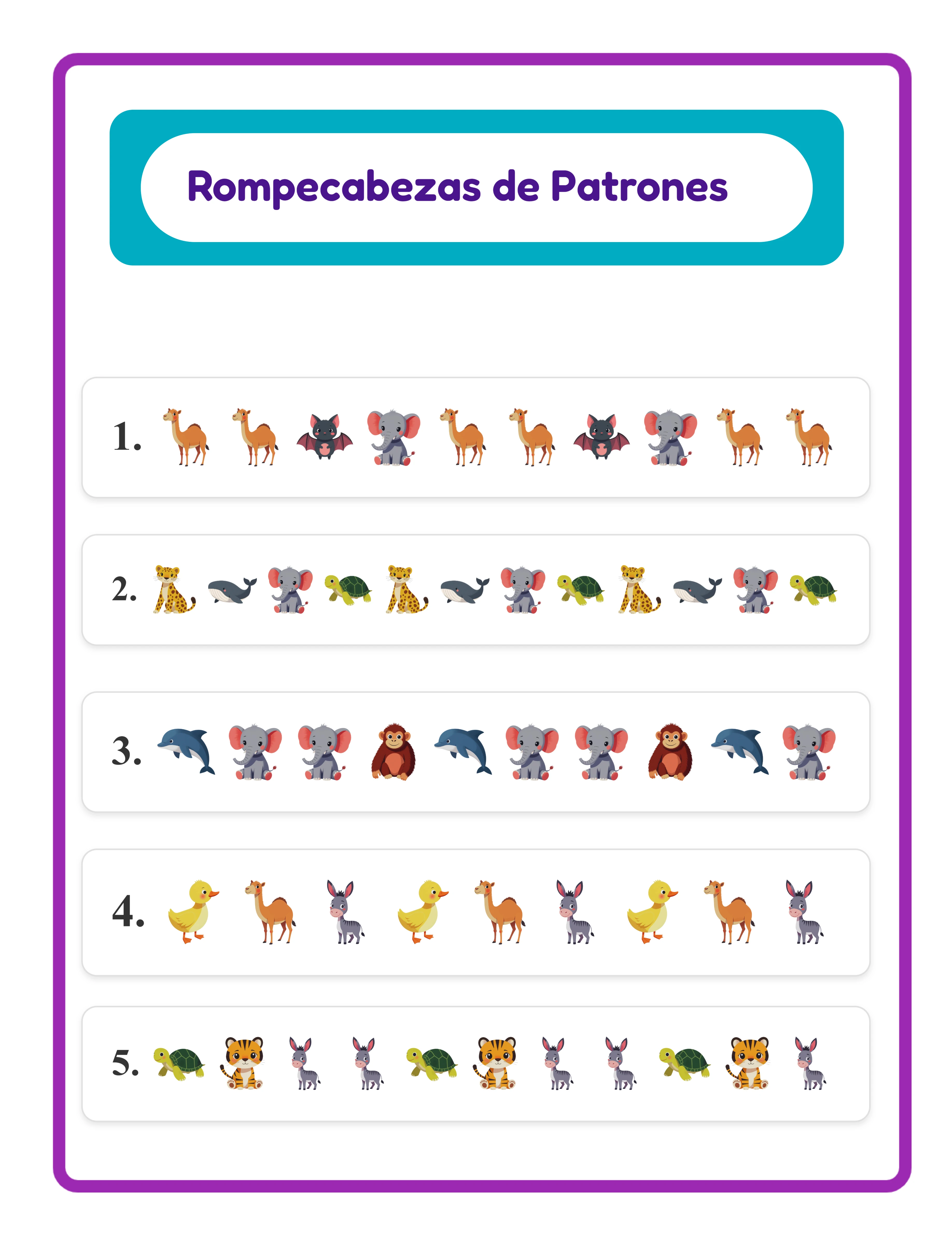 Clave de respuestas de la ficha de patrones mostrando todas las posiciones vacías rellenadas con los elementos correctos del patrón para verificación