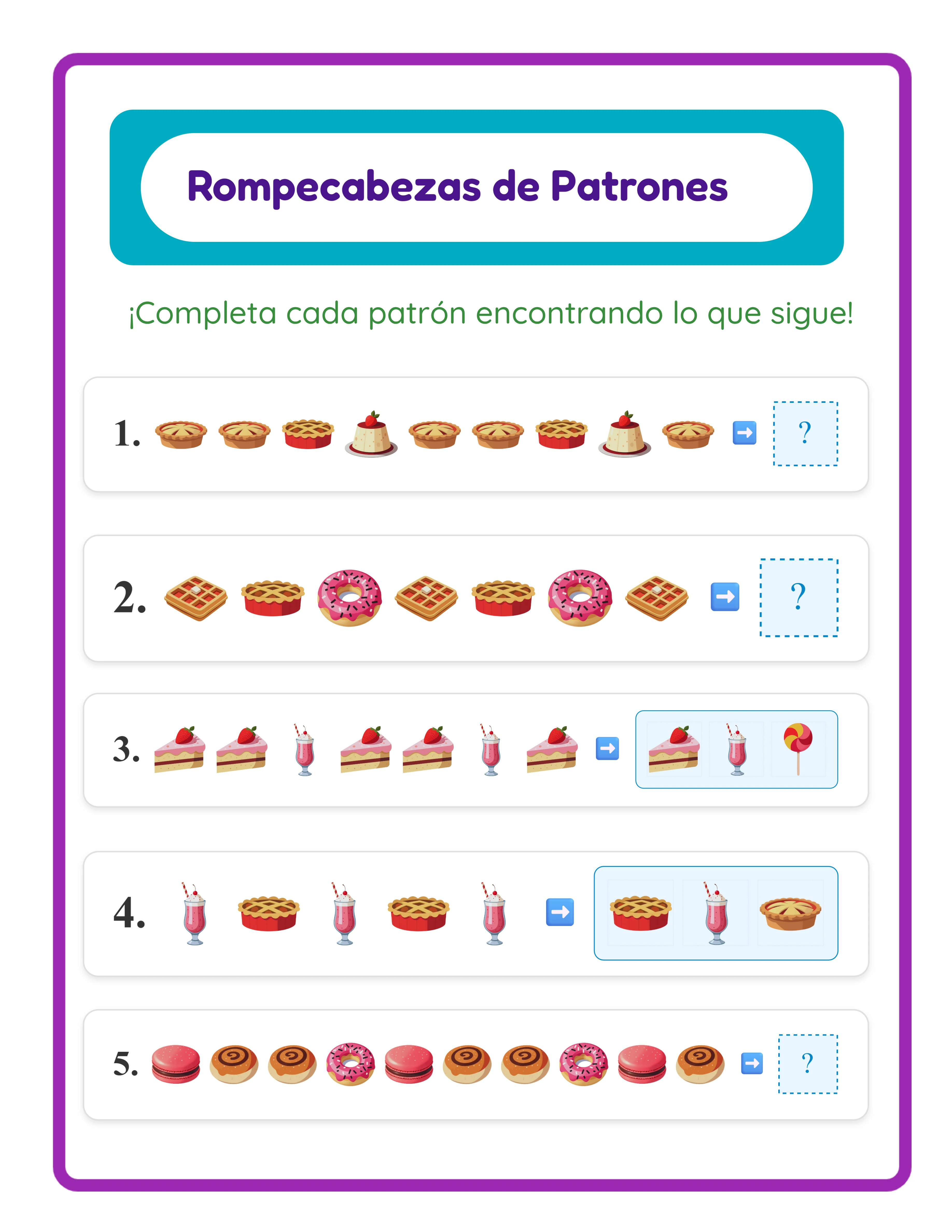 Ficha de patrones destacada — desafío de secuencias colorido