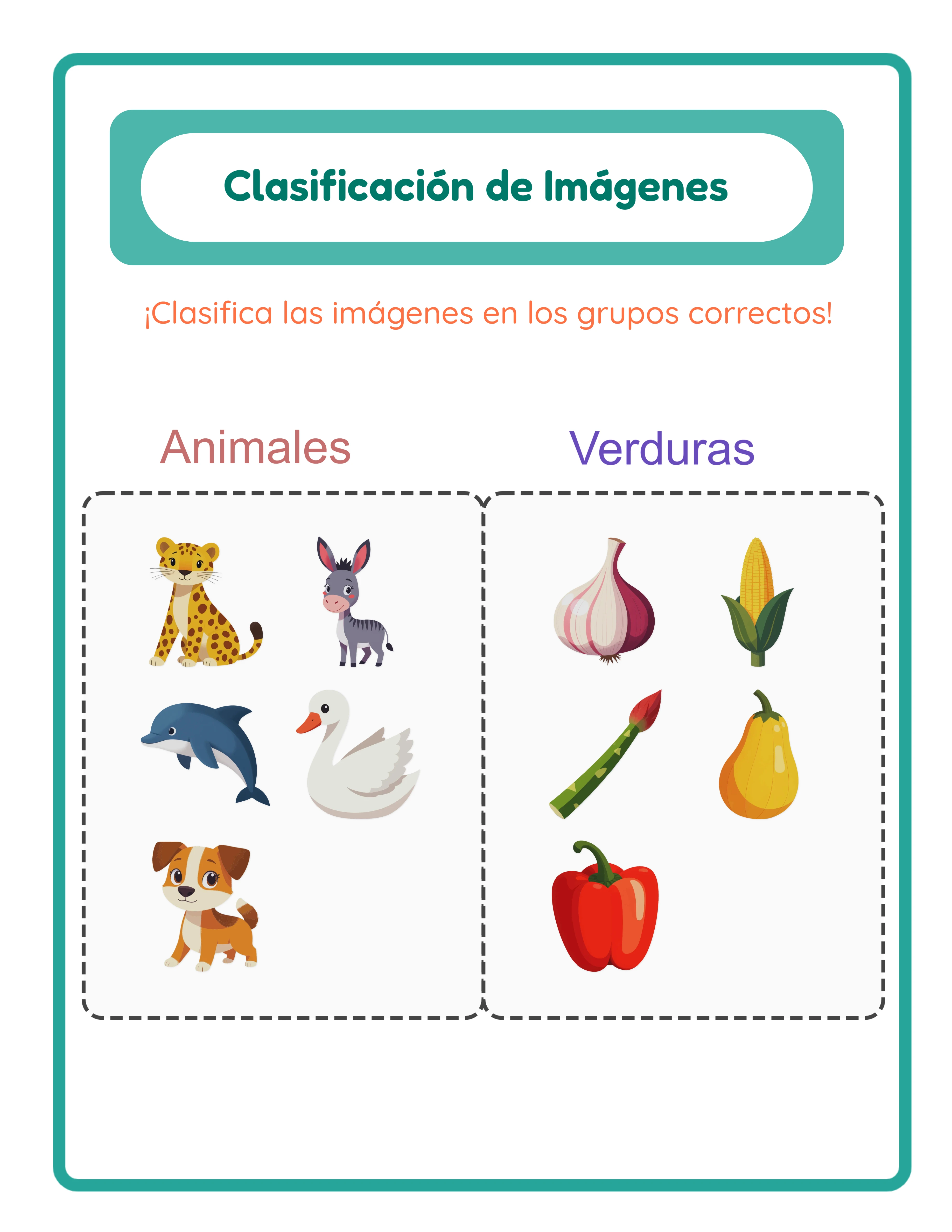 Clave de respuestas de clasificación de imágenes con imágenes 6× más grandes organizadas en cajas de categoría correctas con bordes discontinuos y relleno FAFAFA