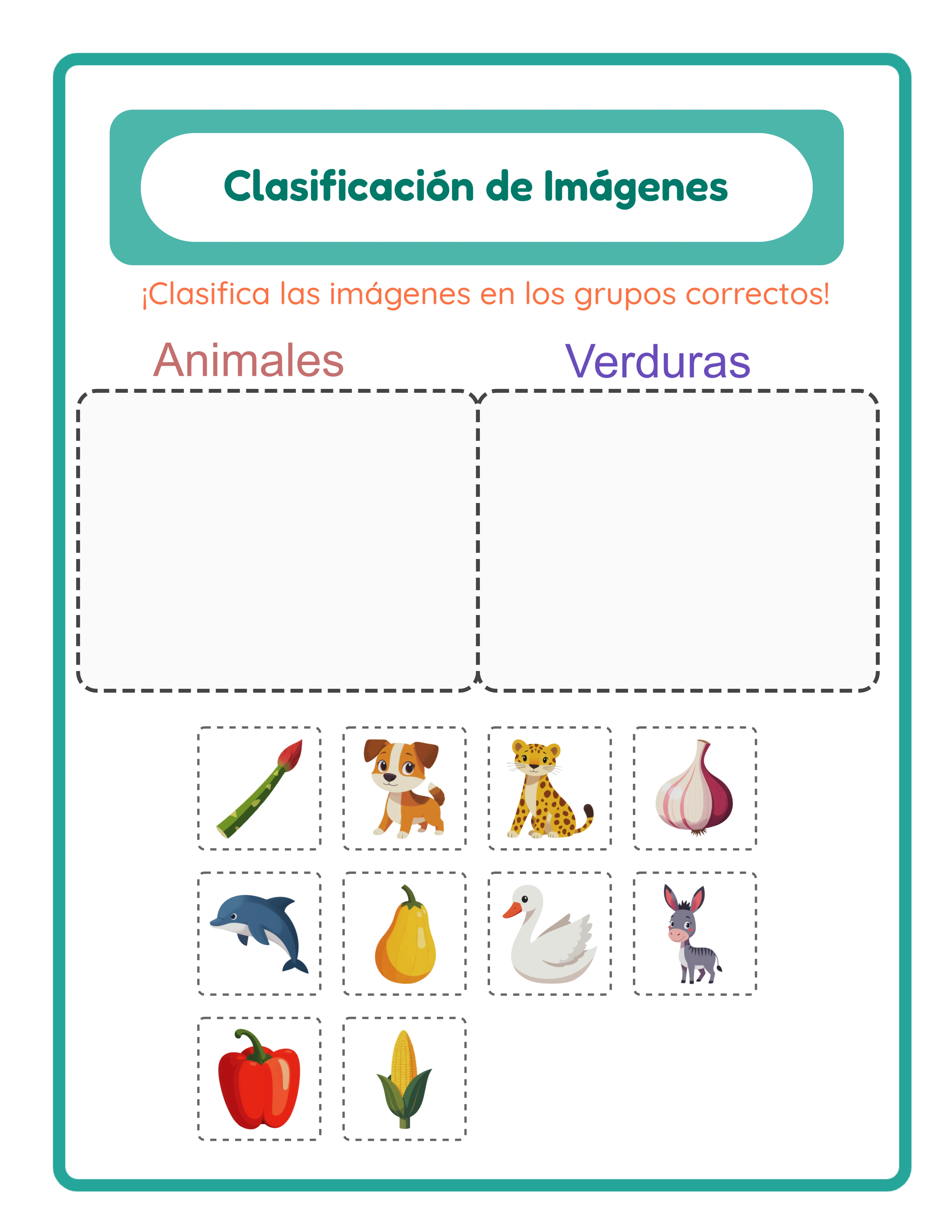 Ficha de clasificación de imágenes con ejercicio de categorización en dos grupos