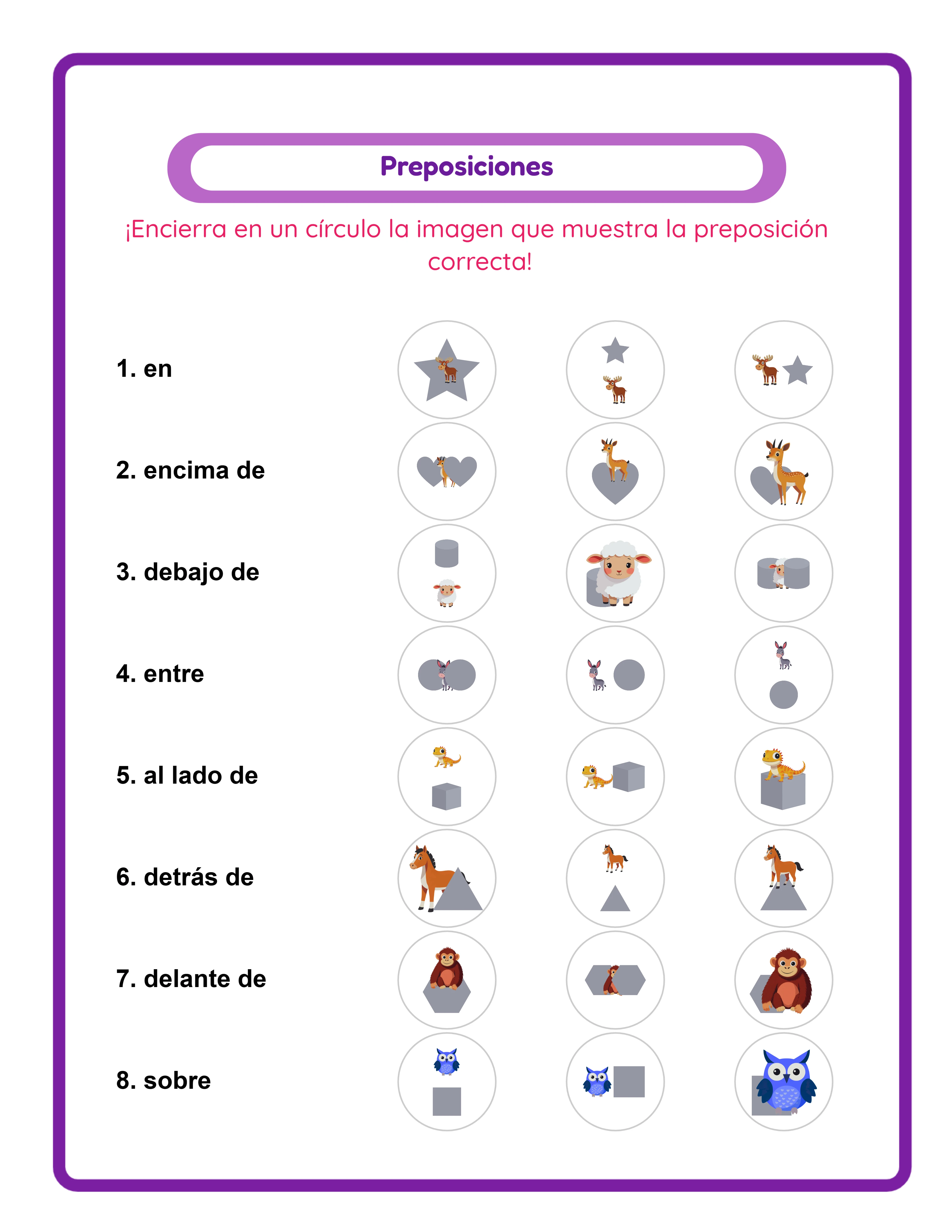 Ficha de preposiciones — recortar y pegar