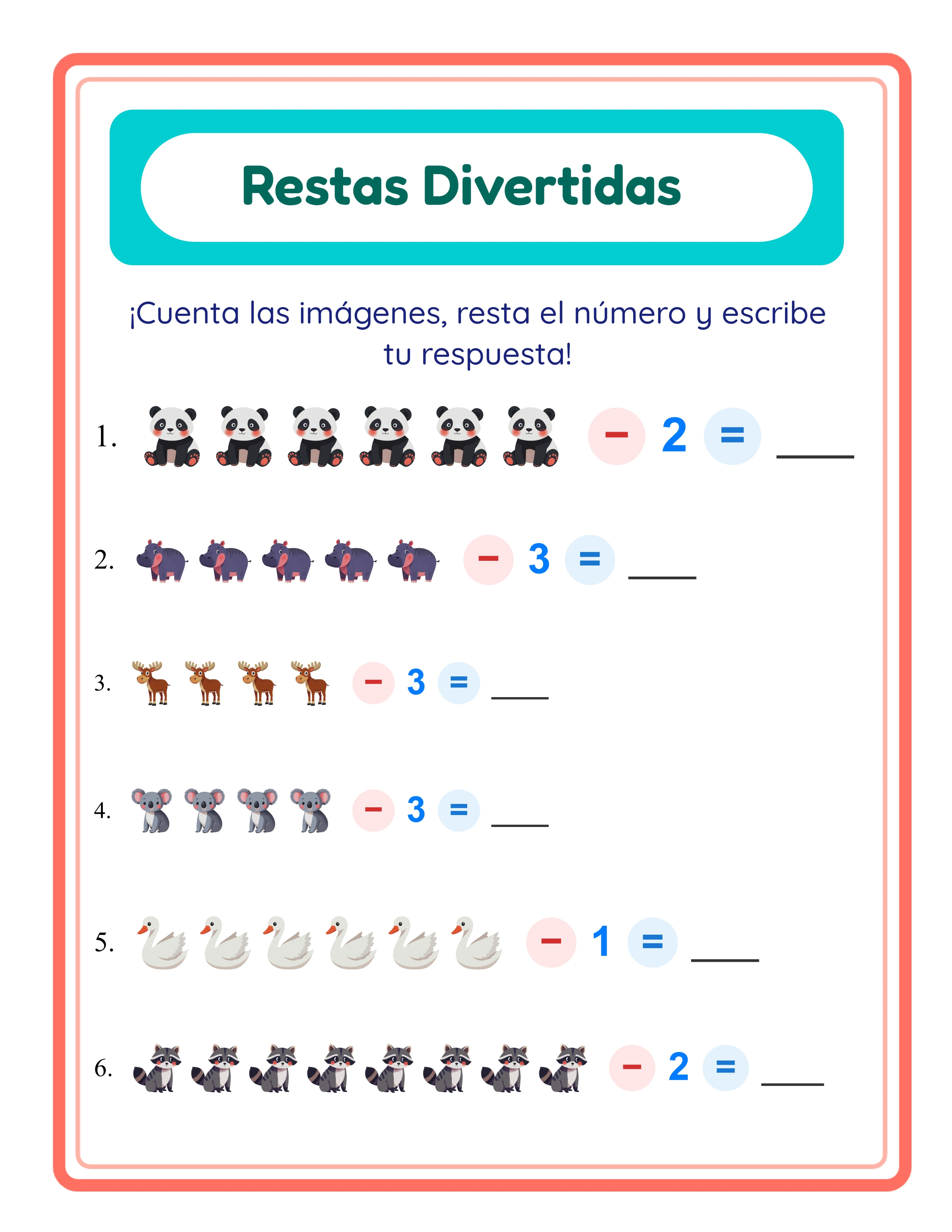 Ficha de resta — encontrar el sustraendo con imágenes