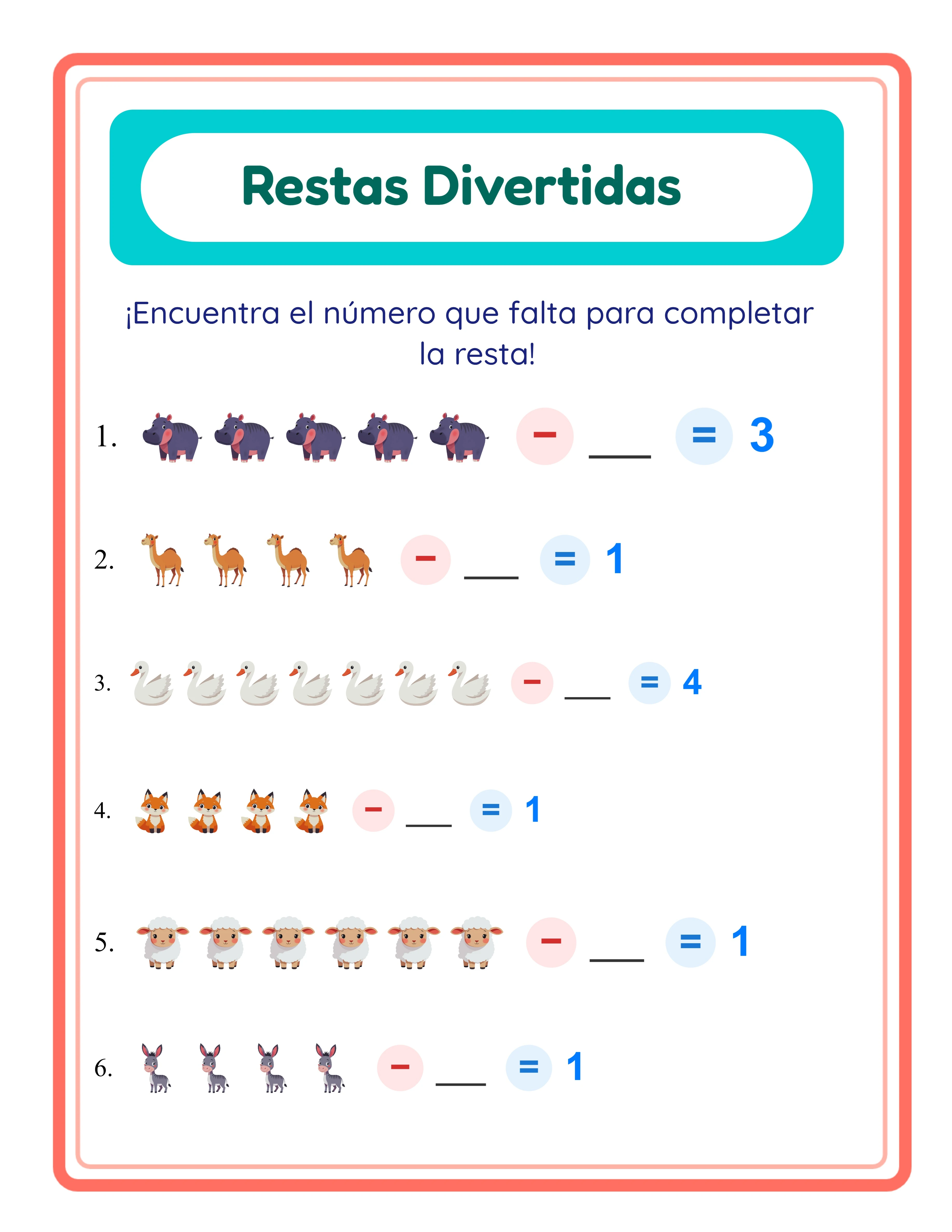 Ficha de resta — problemas mixtos con visuales temáticos