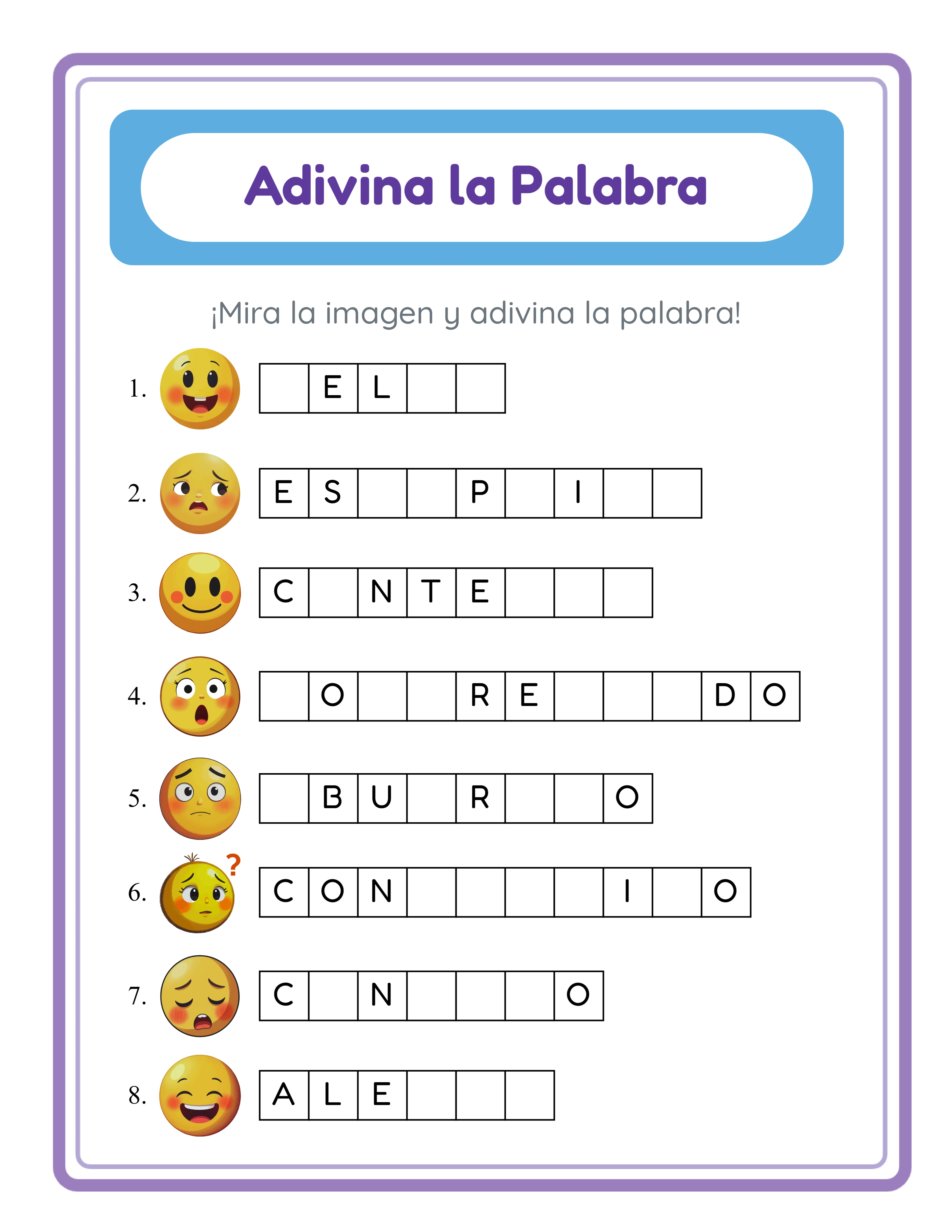 Ficha adivina la palabra destacada — desafío de vocabulario colorido