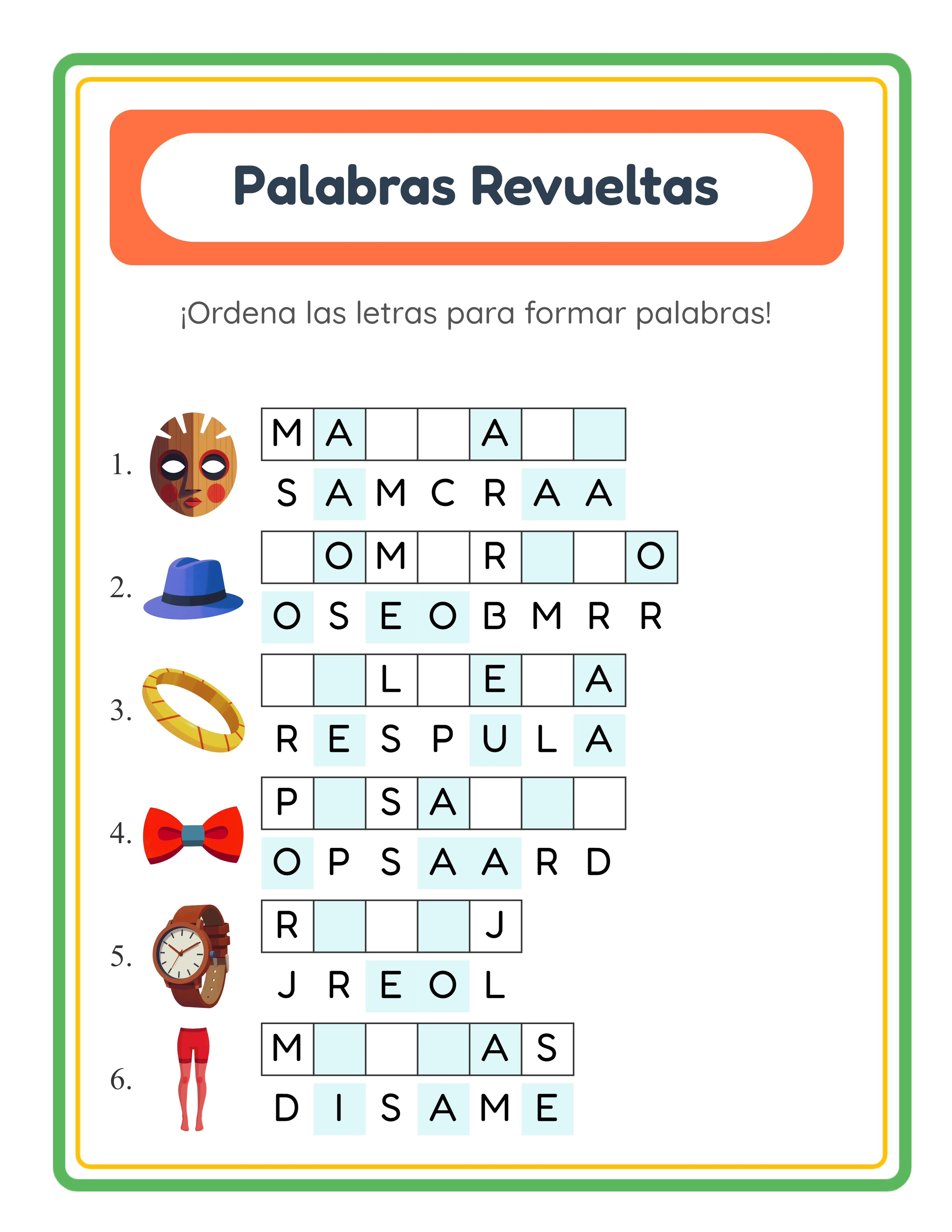Palabras desordenadas — puzzles de letras temáticos