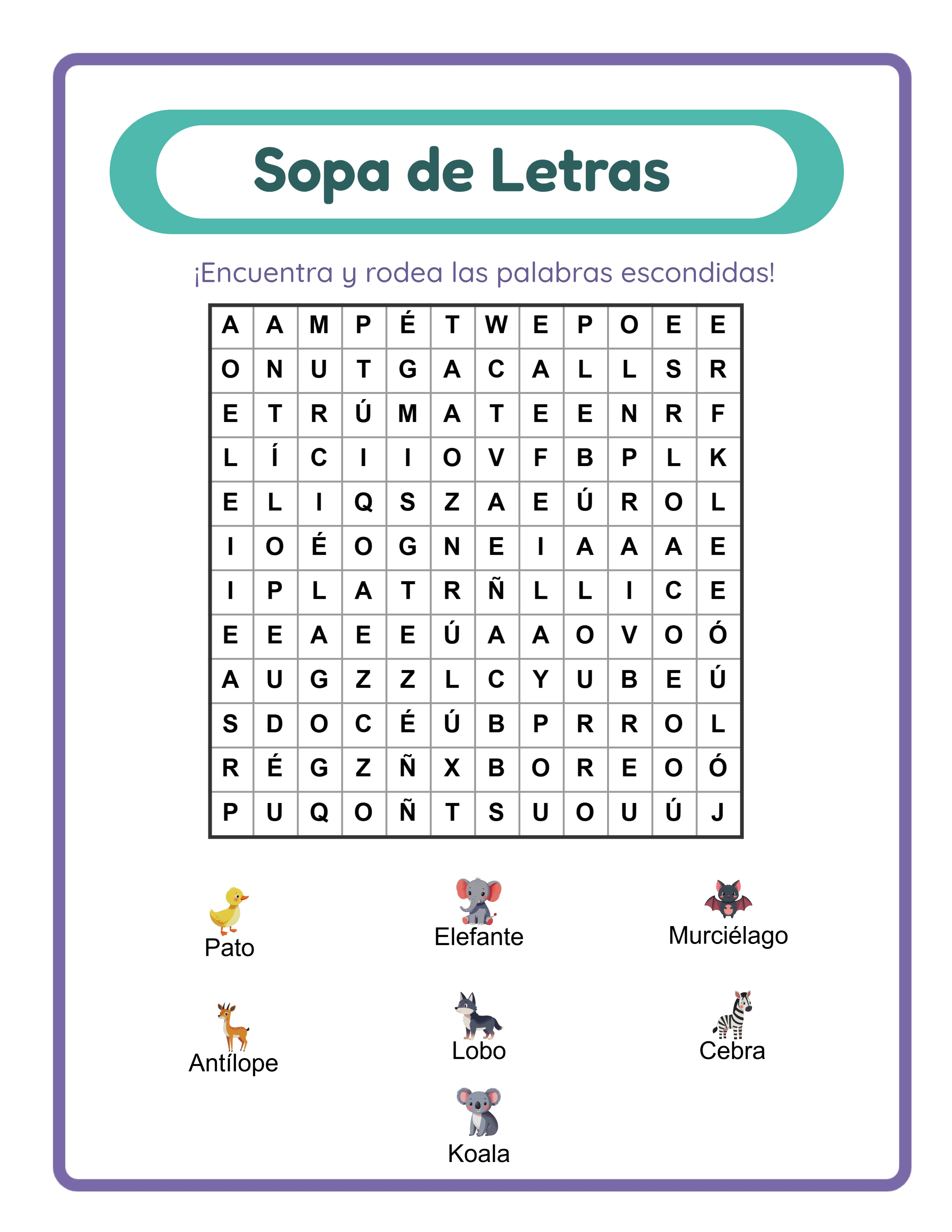 Sopa de letras — vocabulario temático en imágenes