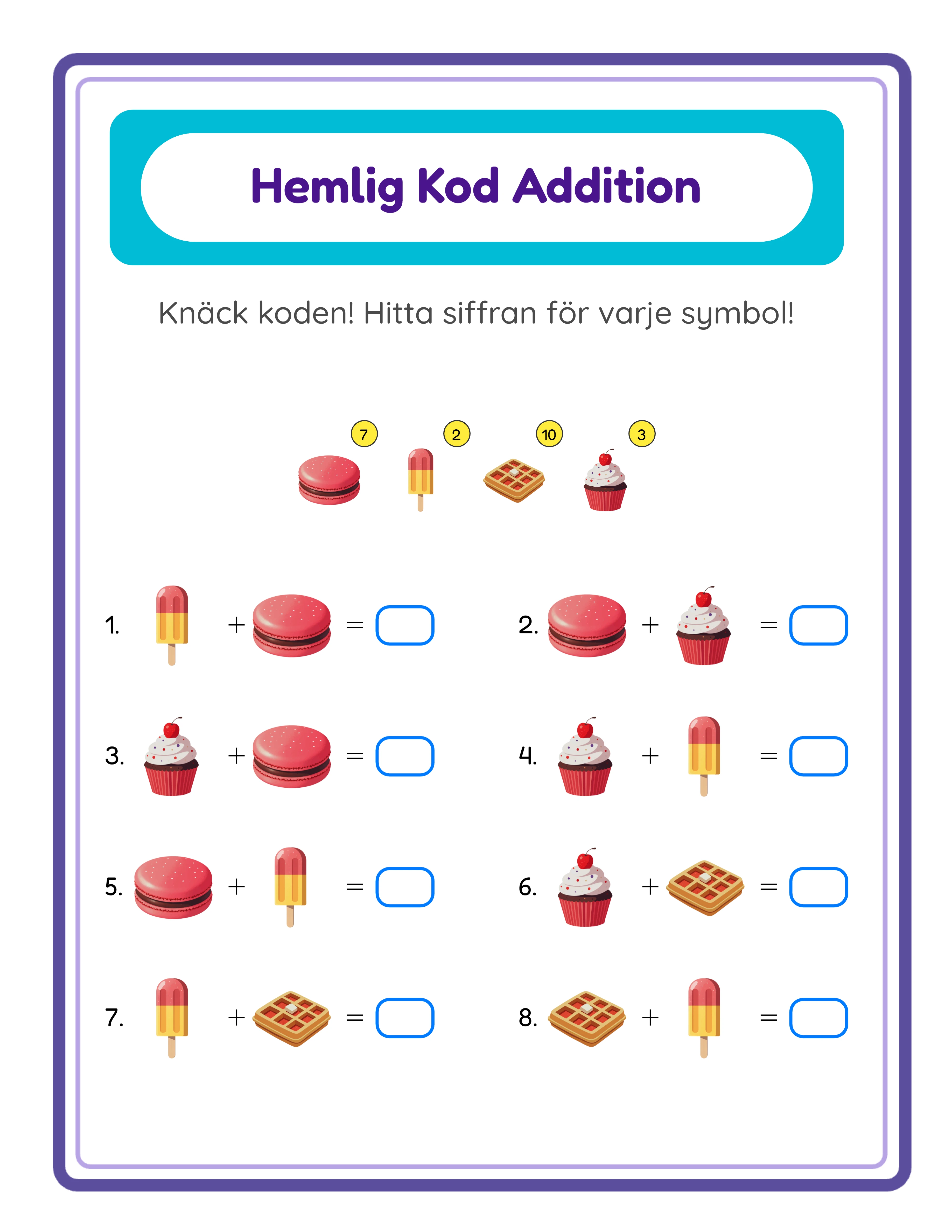 Code breaker addition printable worksheet — secret message puzzle