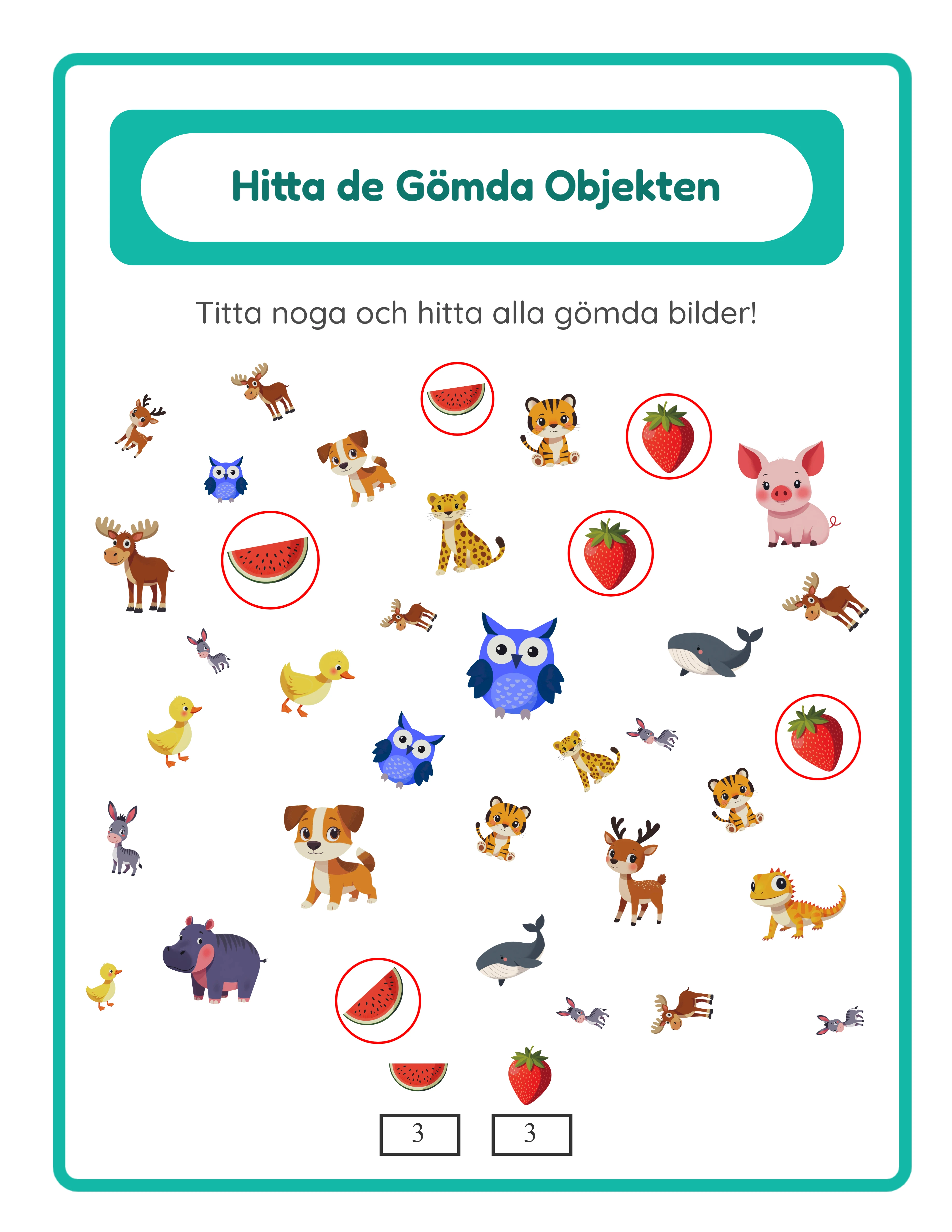 Dolda objekt arbetsblad facit med röda cirklar ritade runt målobjekt dimensionerade 3 till 5 pixlar större