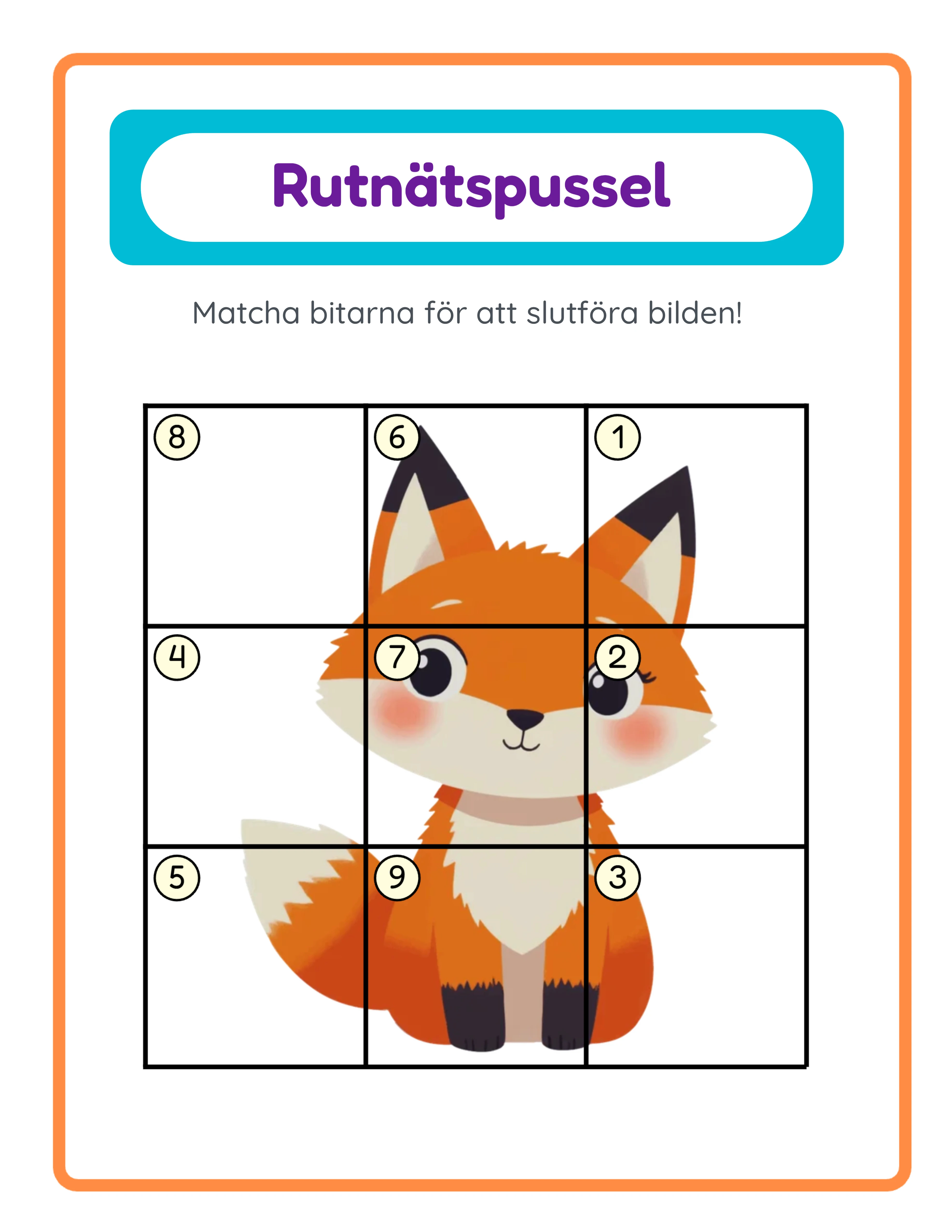 Rutnätsmatchning facit som visar komplett bild med numrerade gula cirklar överlagrade på varje rutnätscell som anger korrekt plattplacering