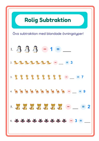 Subtraktionsövningsblad