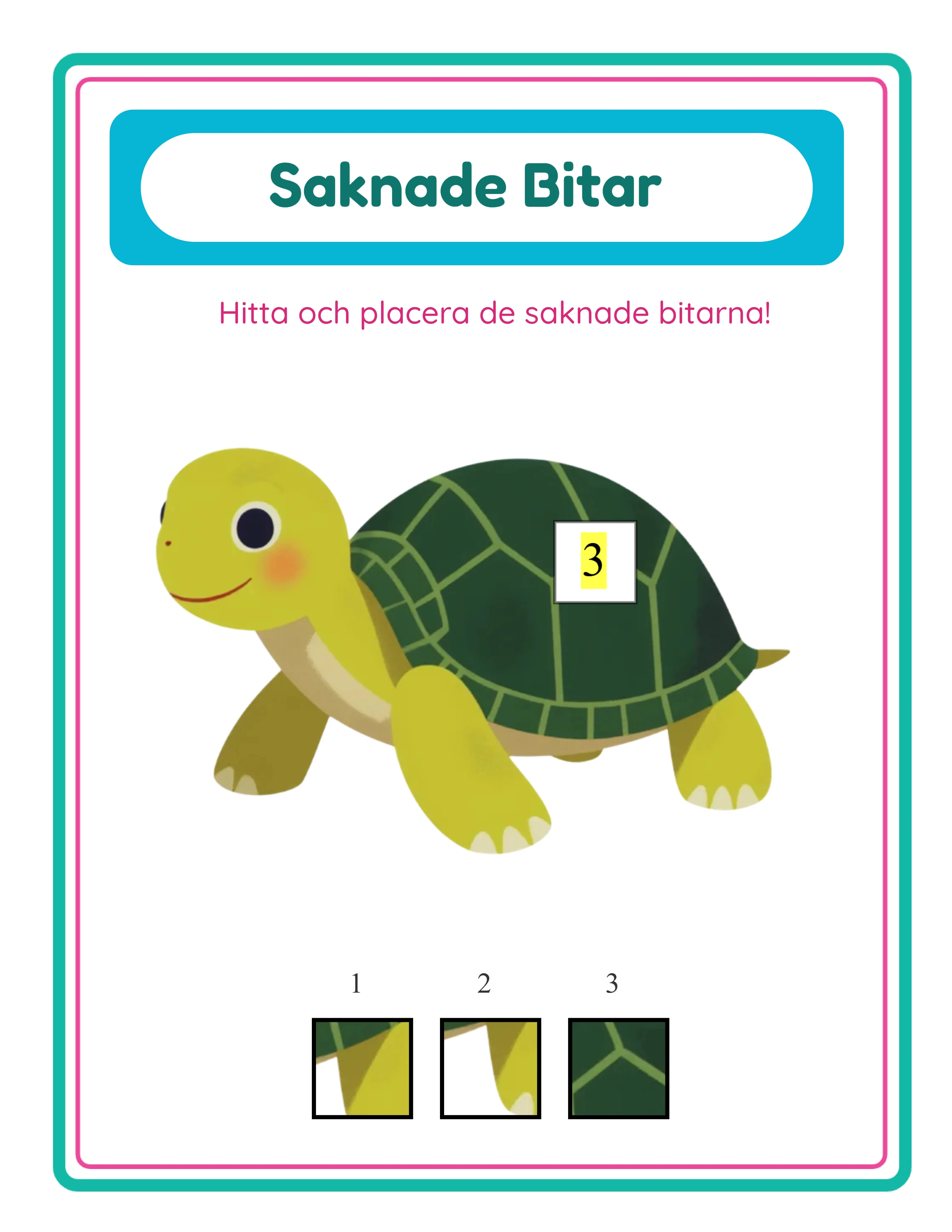 Saknade bitar pussel facit med gulmarkerade nummertiketter placerade inuti varje hål som visar det korrekta alternativindexet