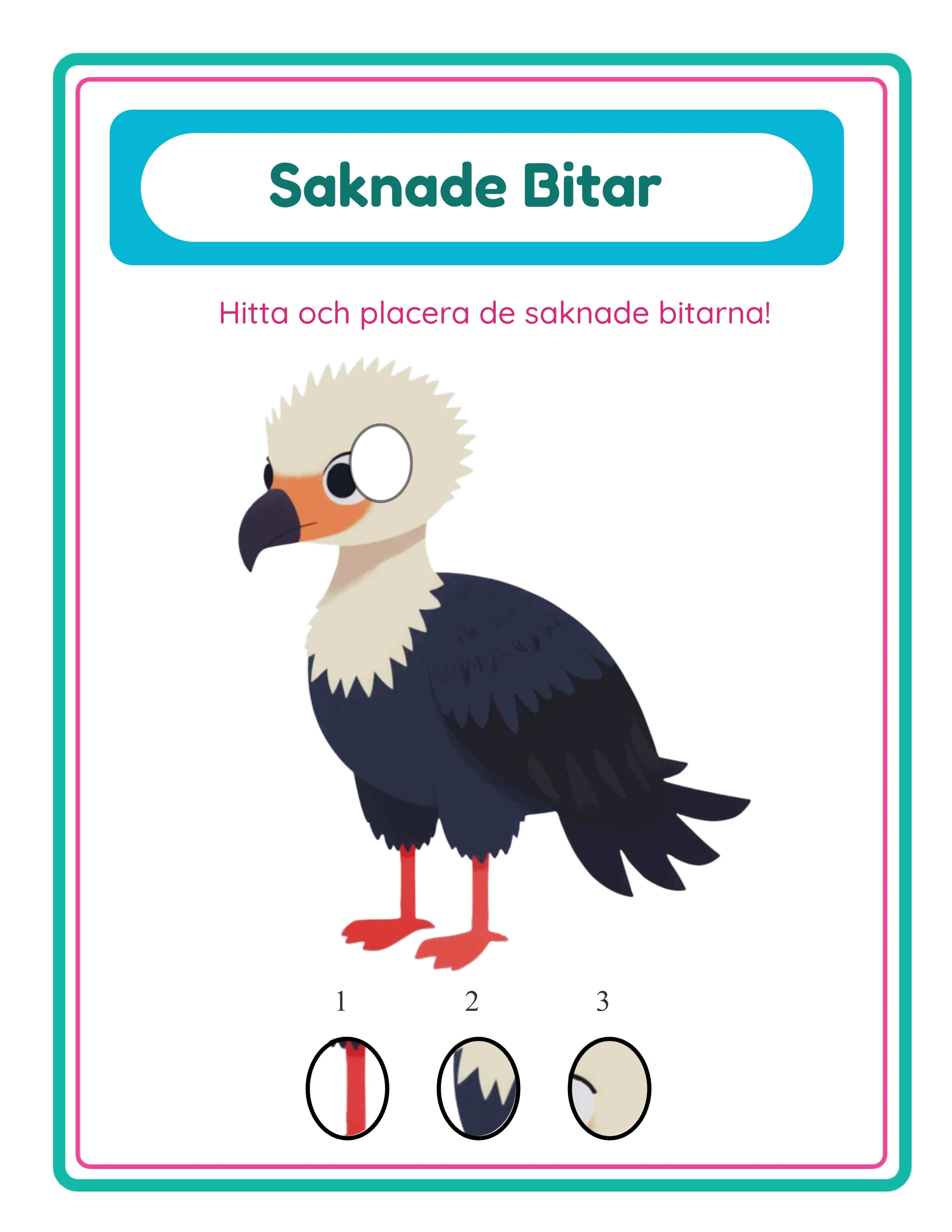 Saknade bitar pussel med cirkulära hål och numrerade lösningsalternativ inklusive distraktorbitar