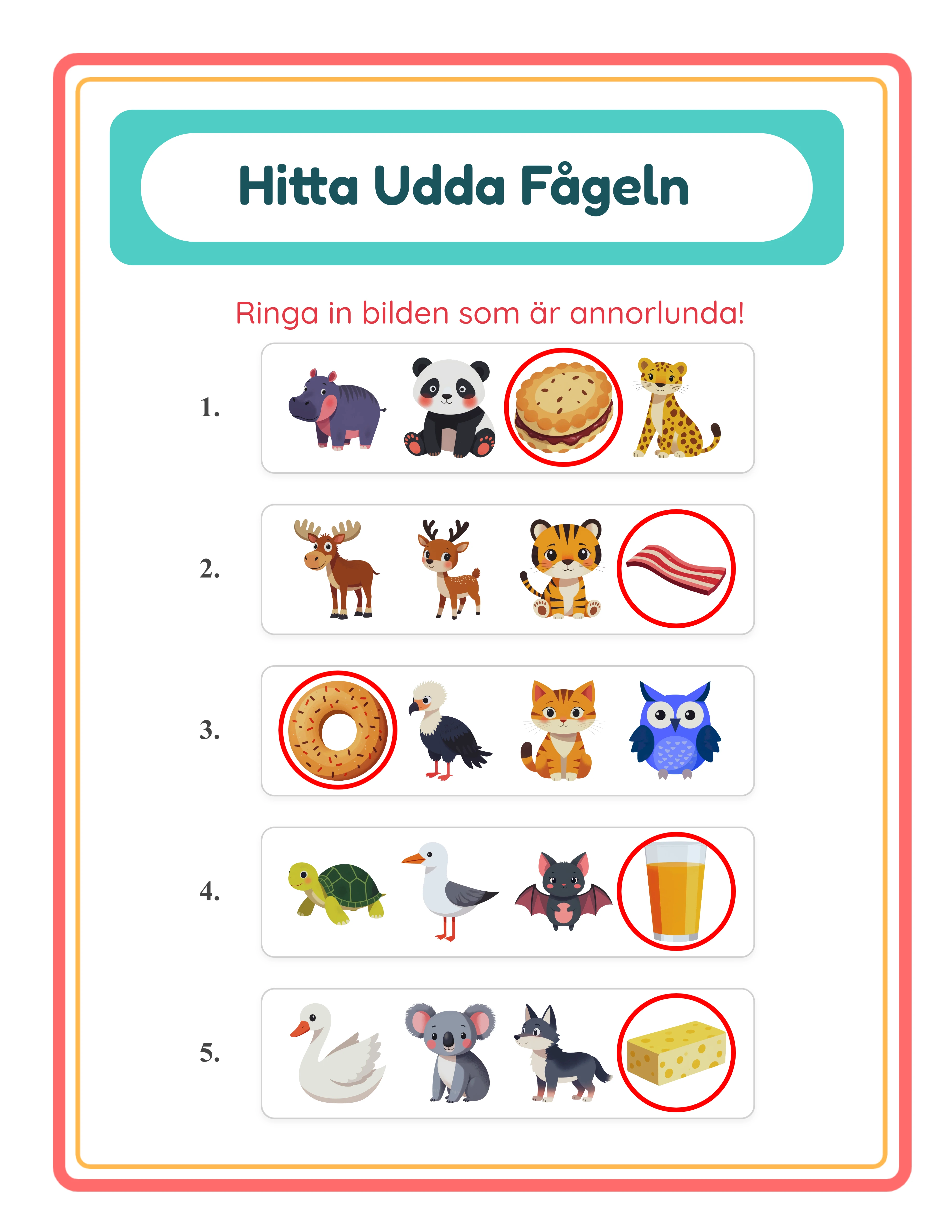 Hitta udda bilden facit med röda cirkelkonturer dragna runt det udda objektet i varje övningsrad med streckbredd skalad till bildstorlek