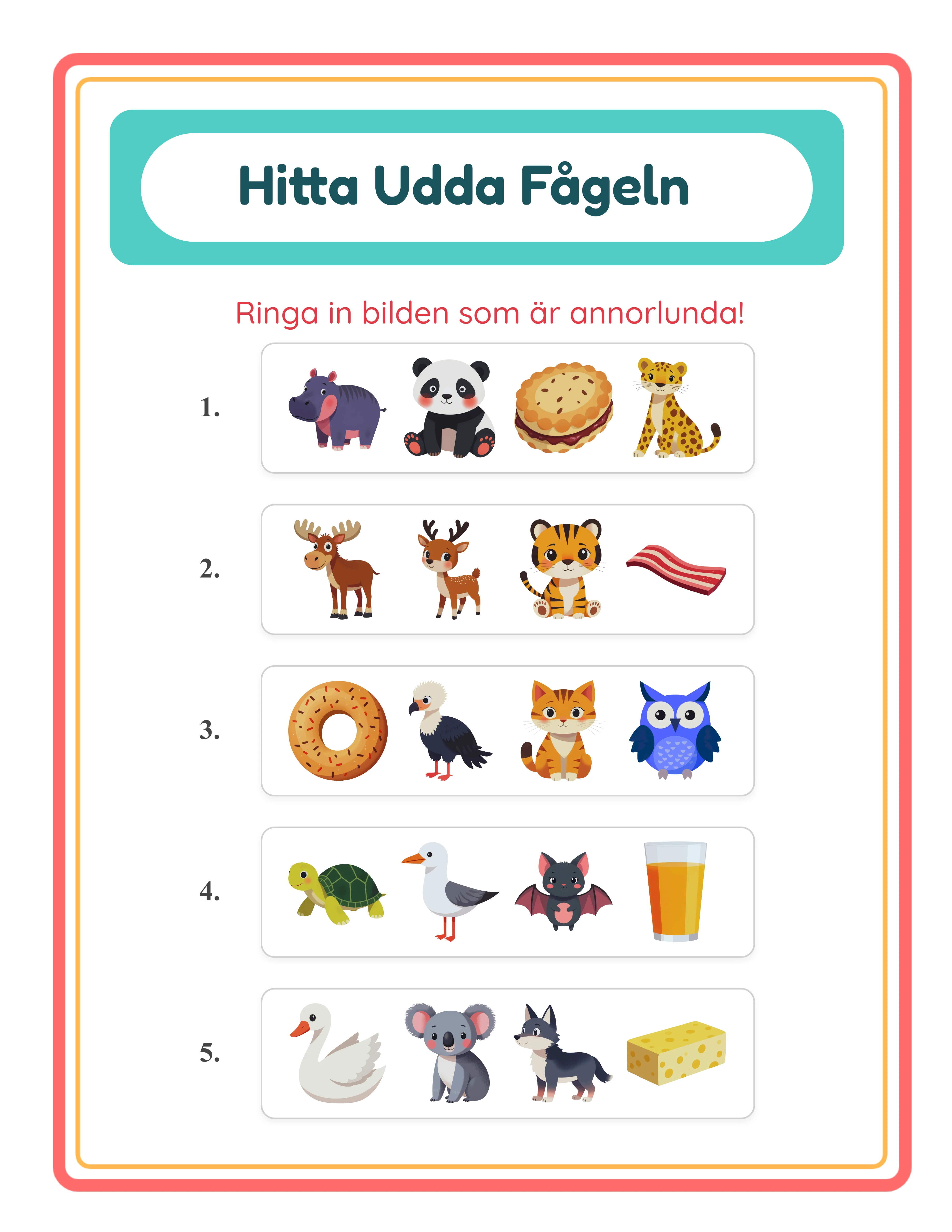 Odd one out printable worksheet — spot the different one