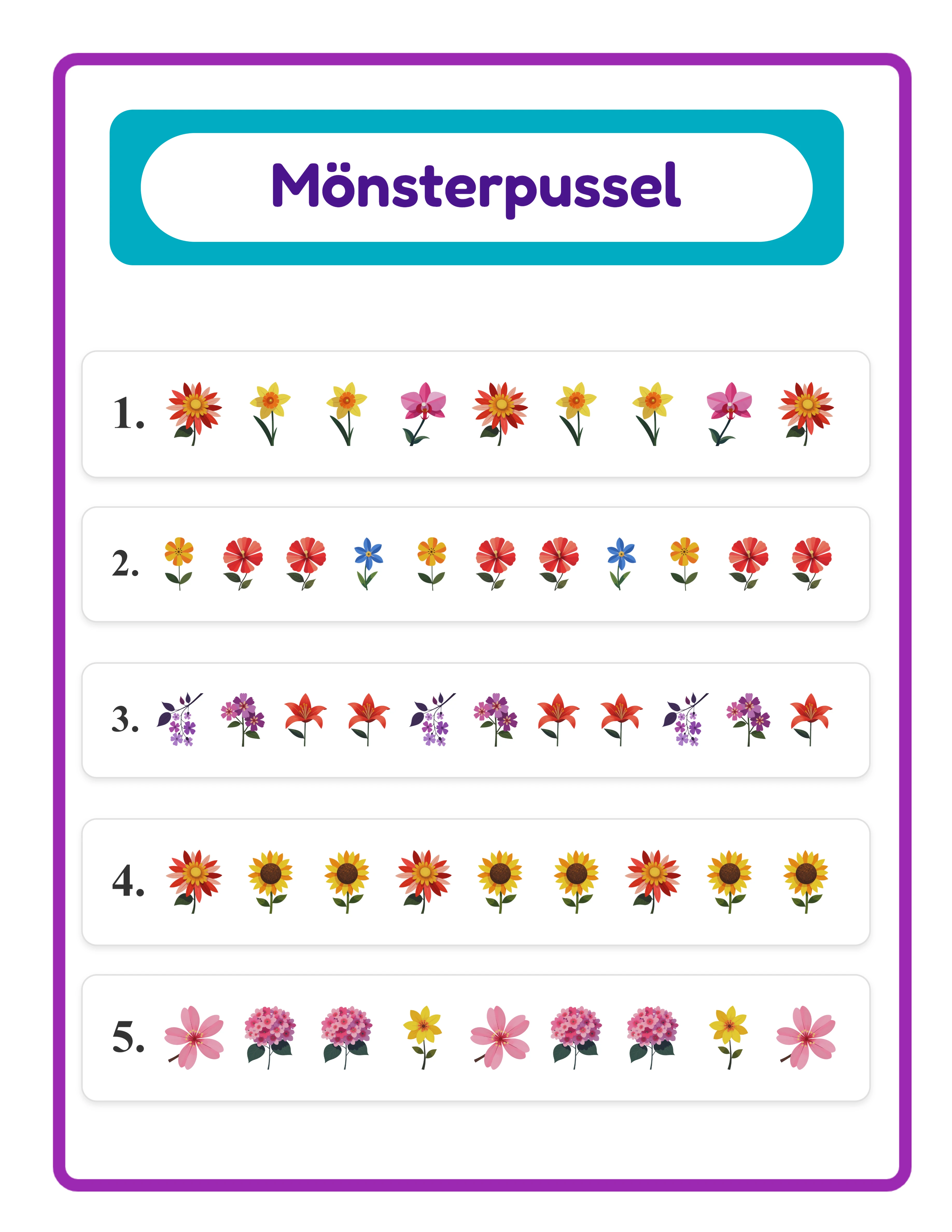 Mönsterarbetsblad facit som visar alla luckor ifyllda med rätt mönsterobjekt för verifiering