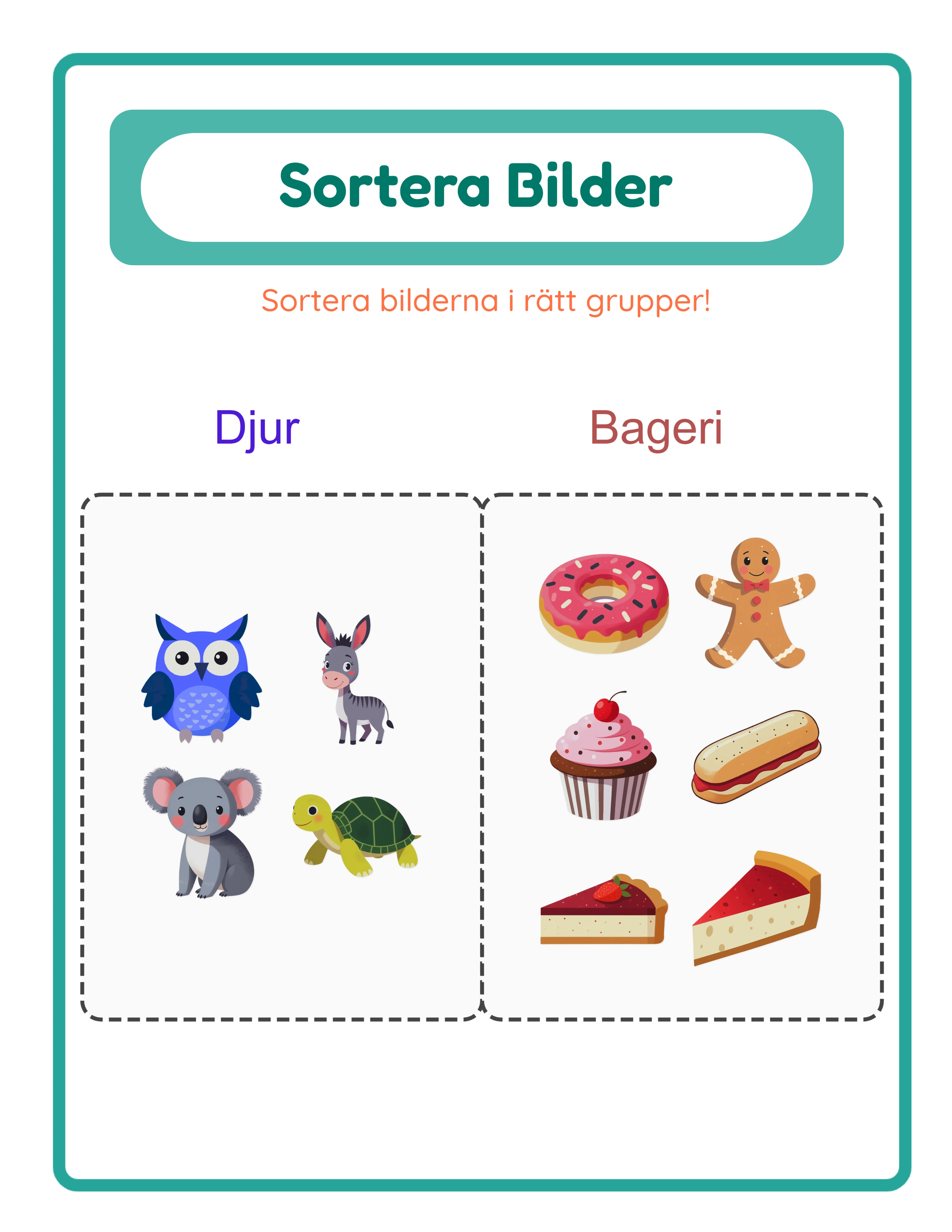 Bildsortering facit med 6x större bilder organiserade i korrekta kategorirutor med streckade ramar