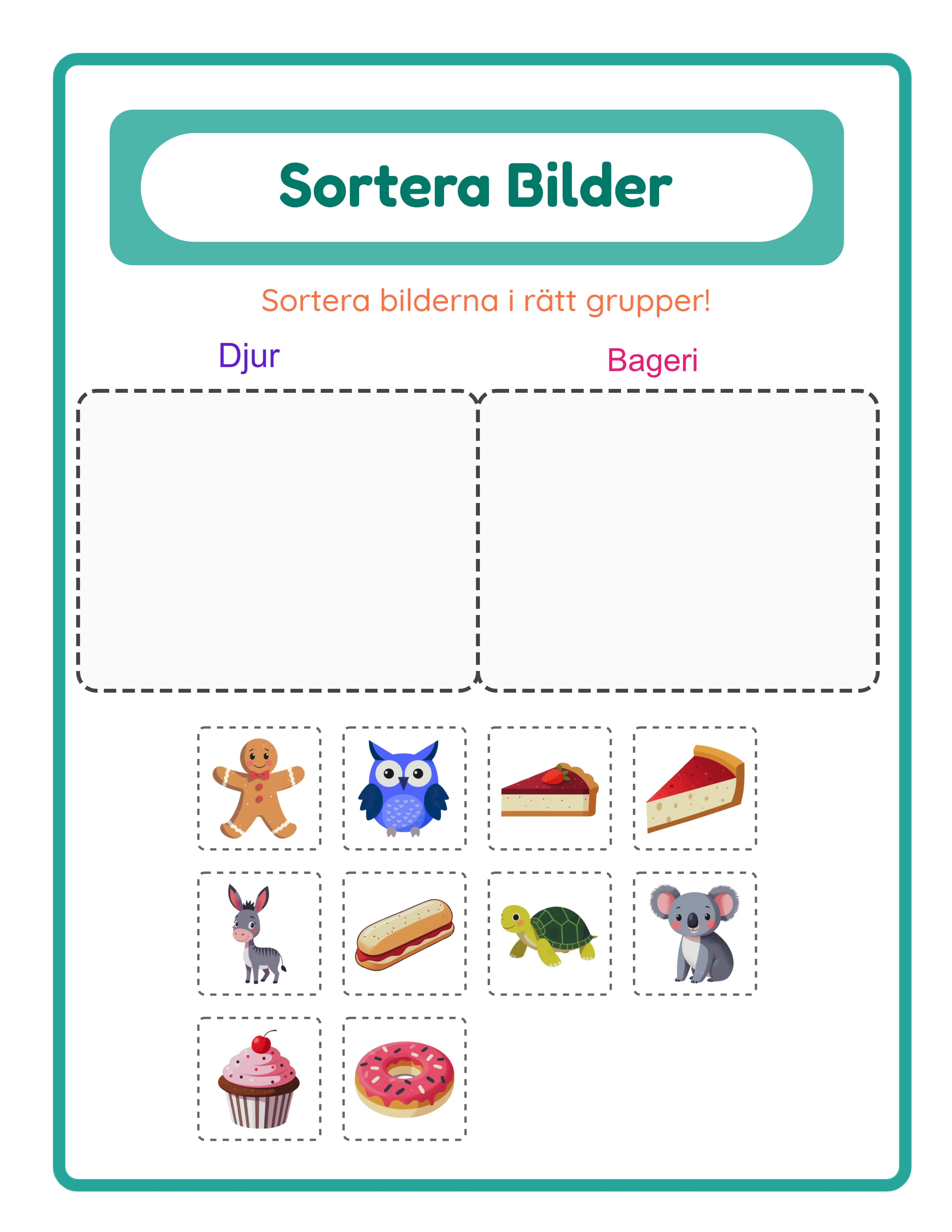 Bildsorteringsarbetsblad med tvåkategori-klassificeringsövning