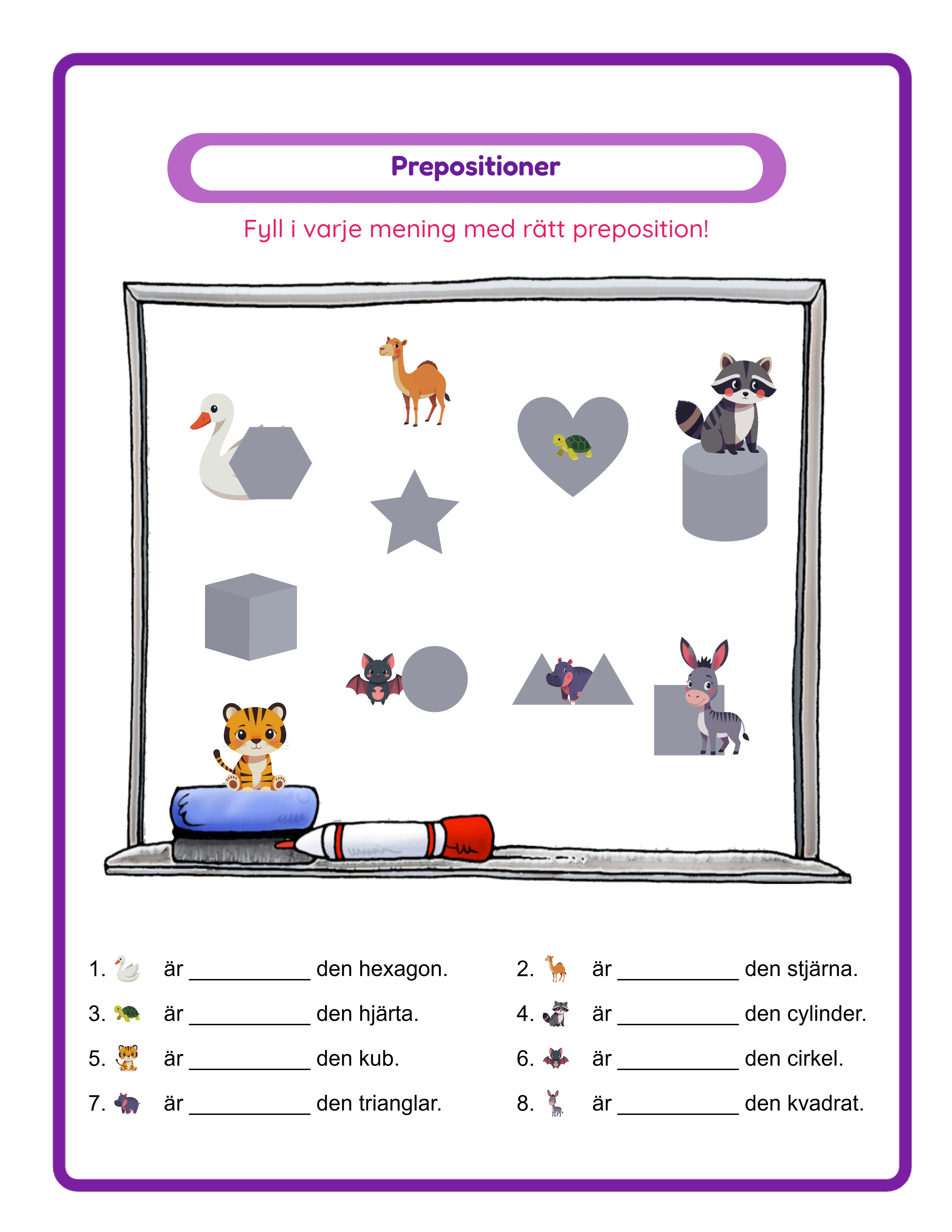 Prepositions printable worksheet — themed images