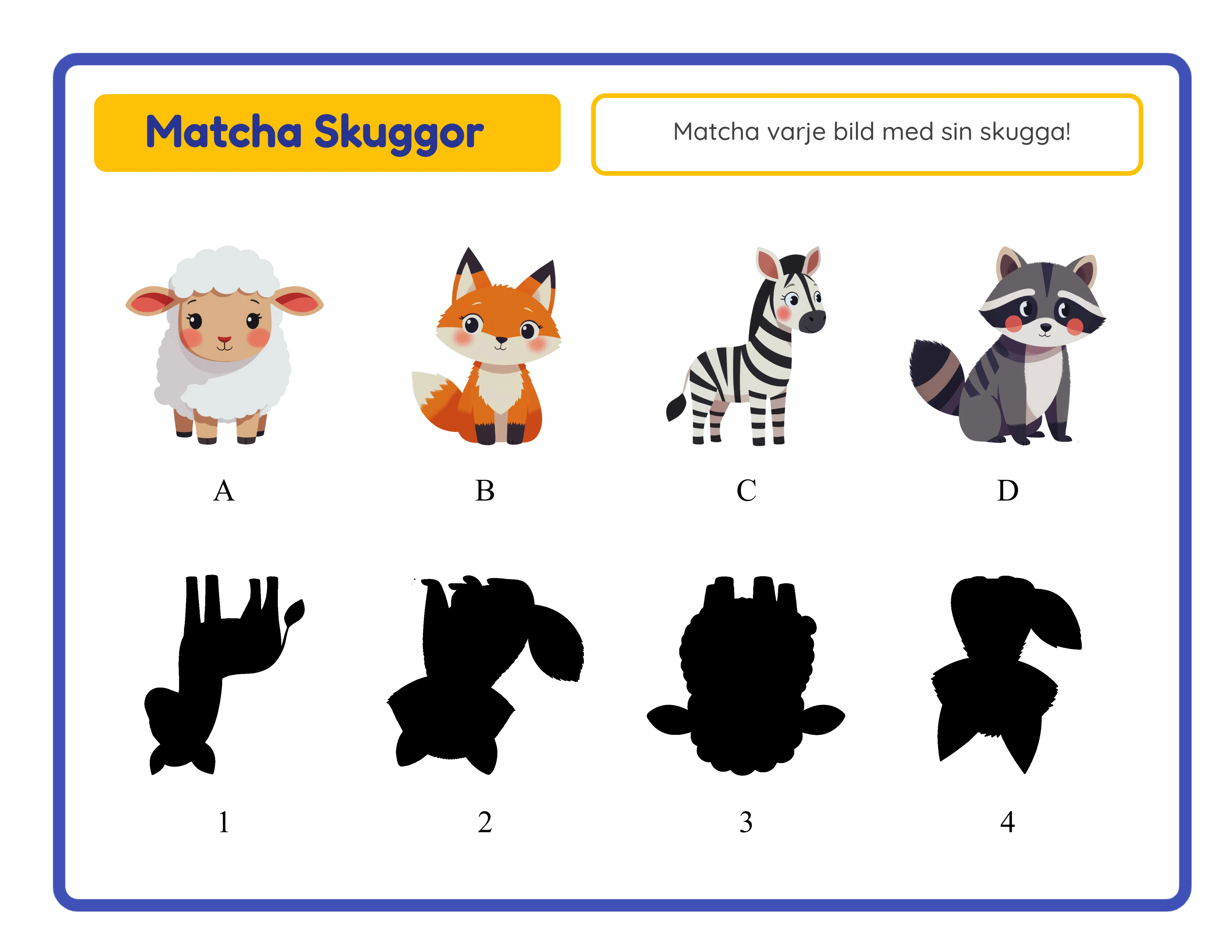 Skuggmatchningsarbetsblad med siluettparning och dra-linje-format