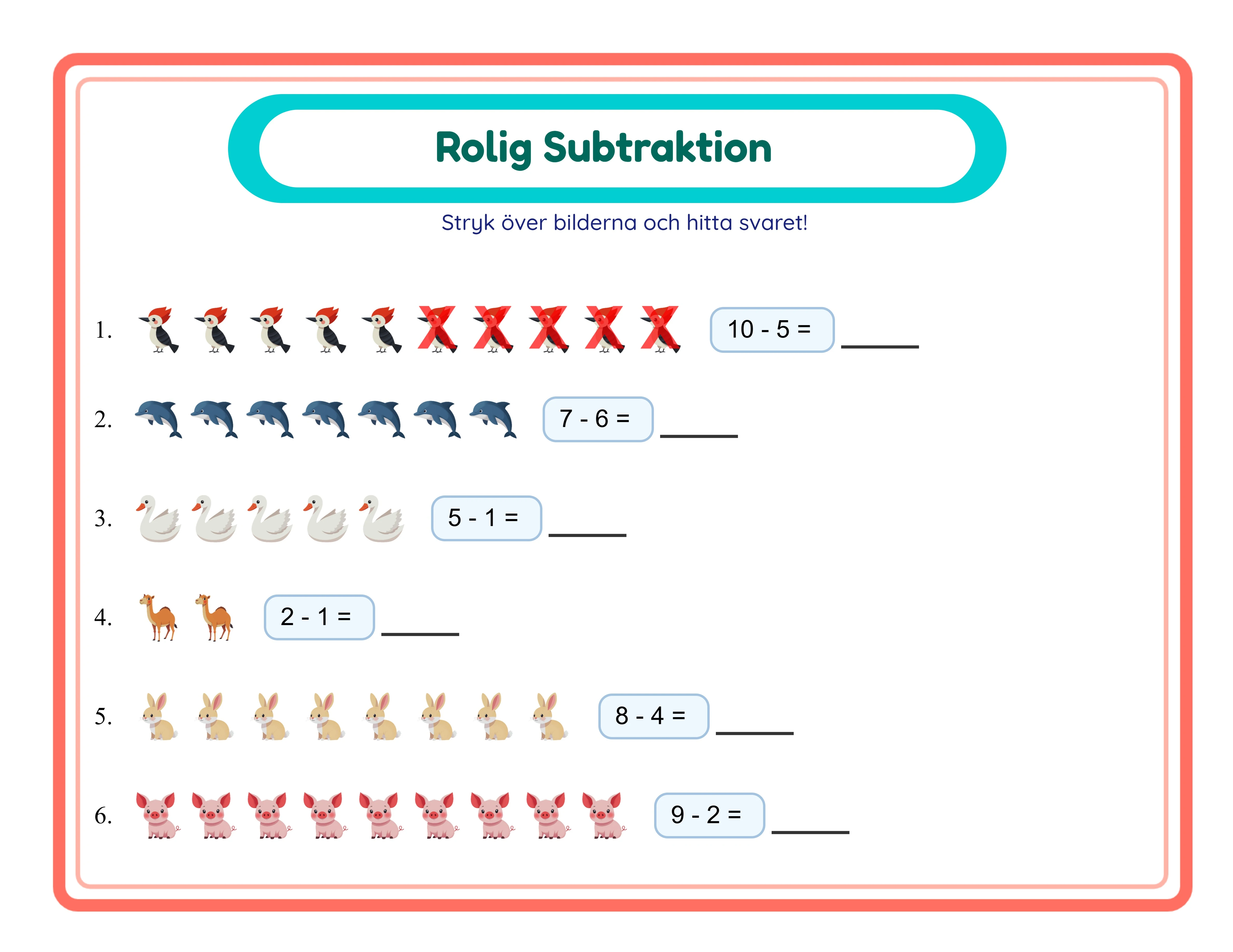 Subtraktions arbetsblad med stryk-över bilder som visar visuella ta-bort matteövningar