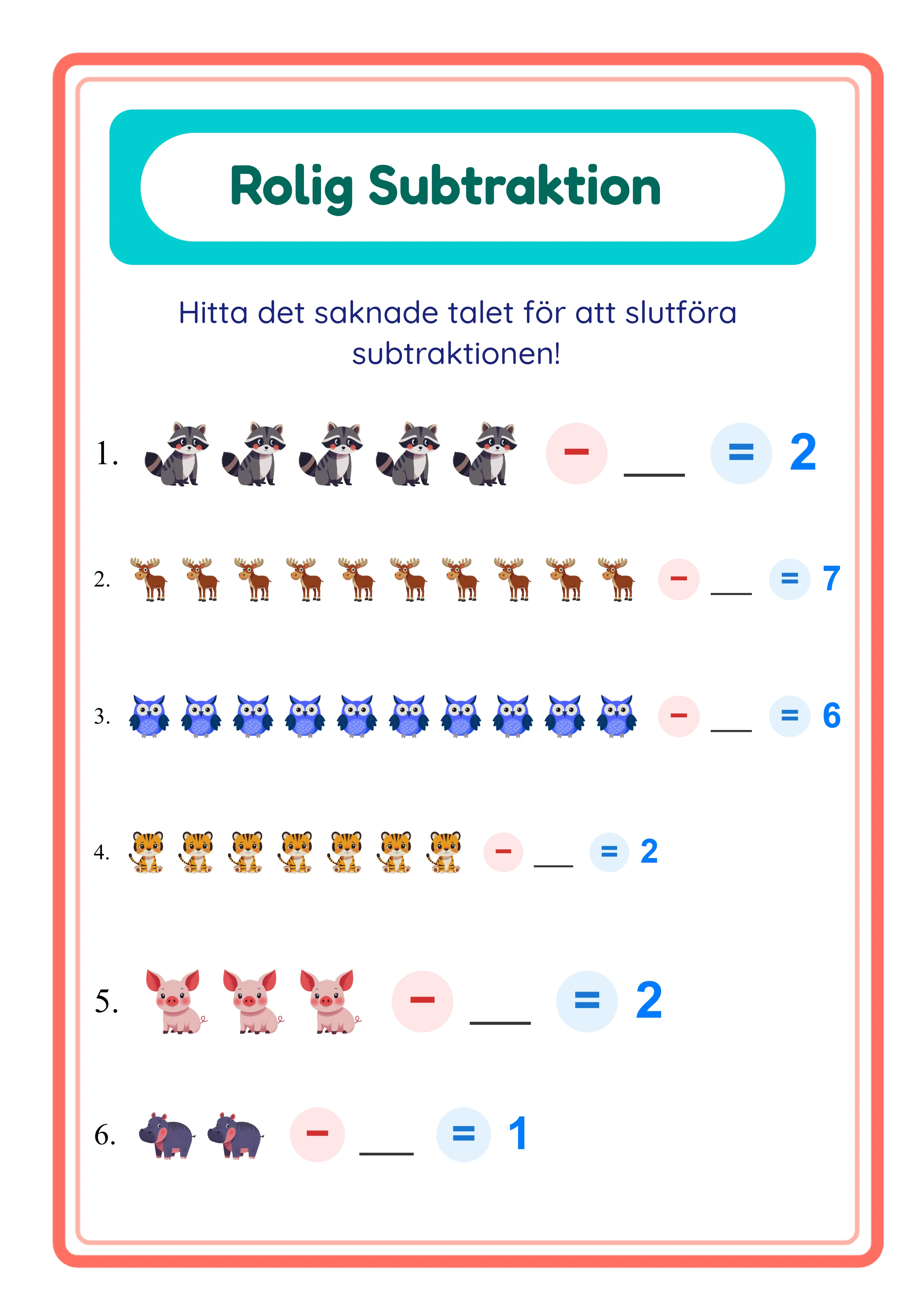 Subtraction printable worksheet — mixed problems with themed visuals