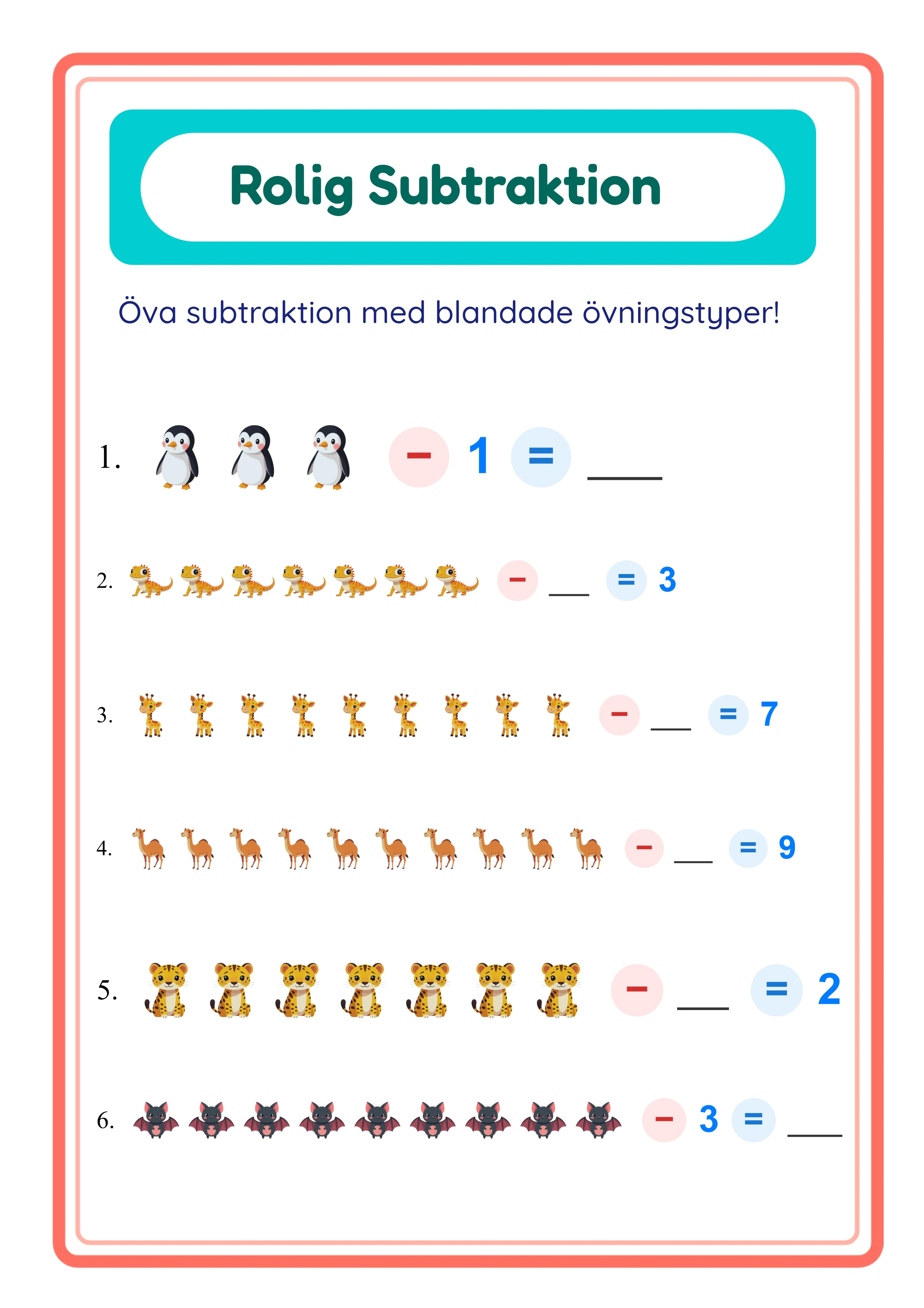 Featured subtraction printable worksheet — colorful themed pictures
