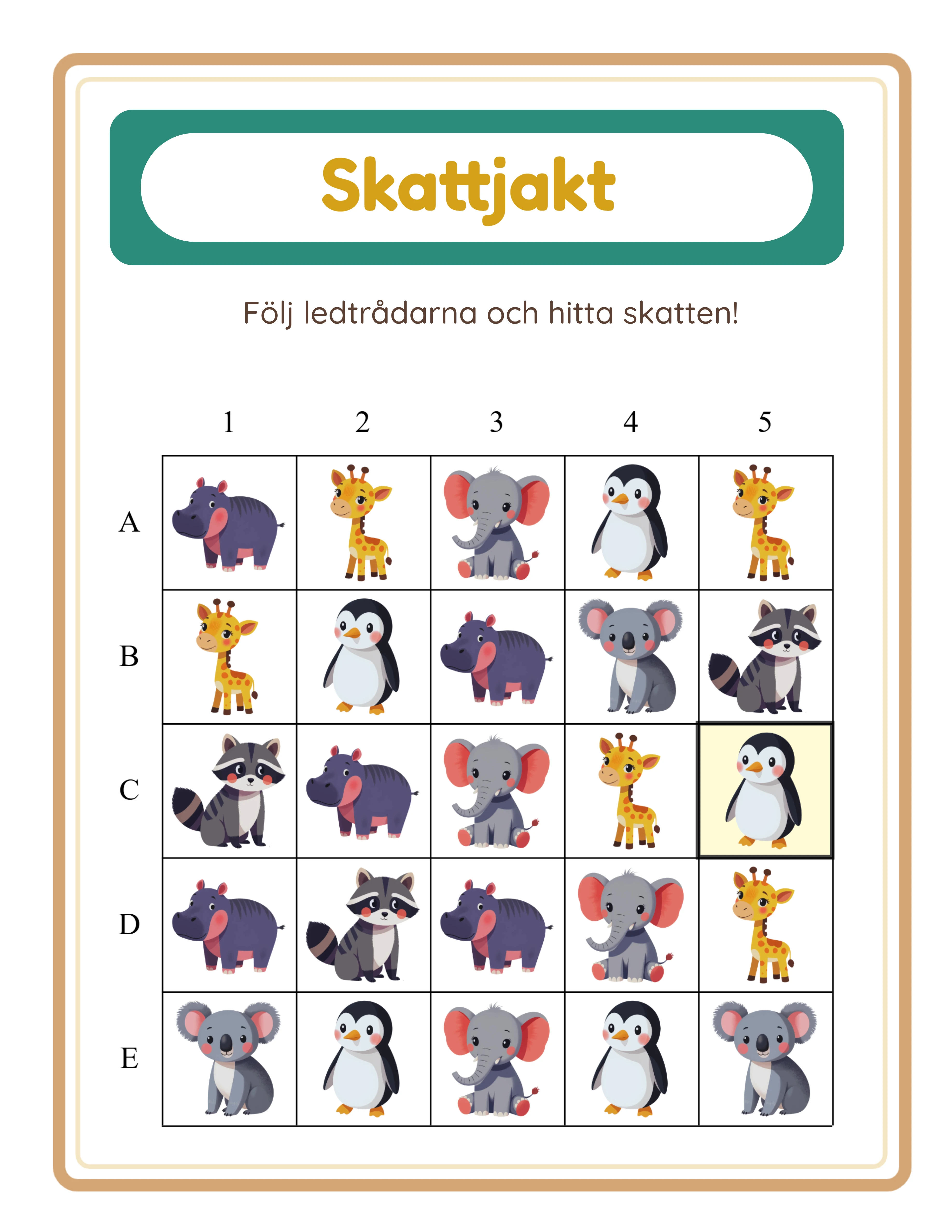 Skattjakt facit med slutlig skattcell markerad i ljusgult på 5 gånger 5 koordinatrutnätet