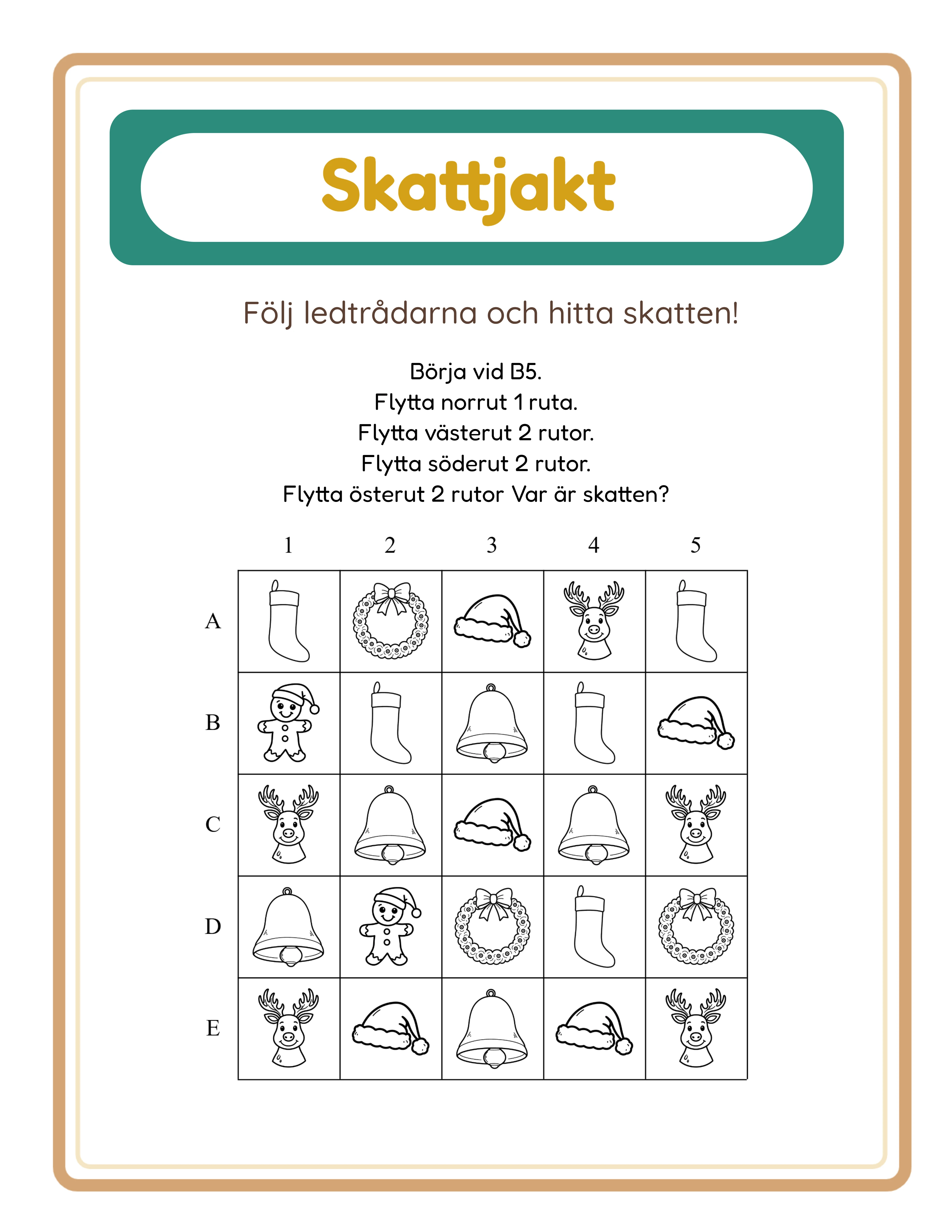 Skattjakt pussel med djurtema och spridda landmärkesbilder på koordinatrutnät