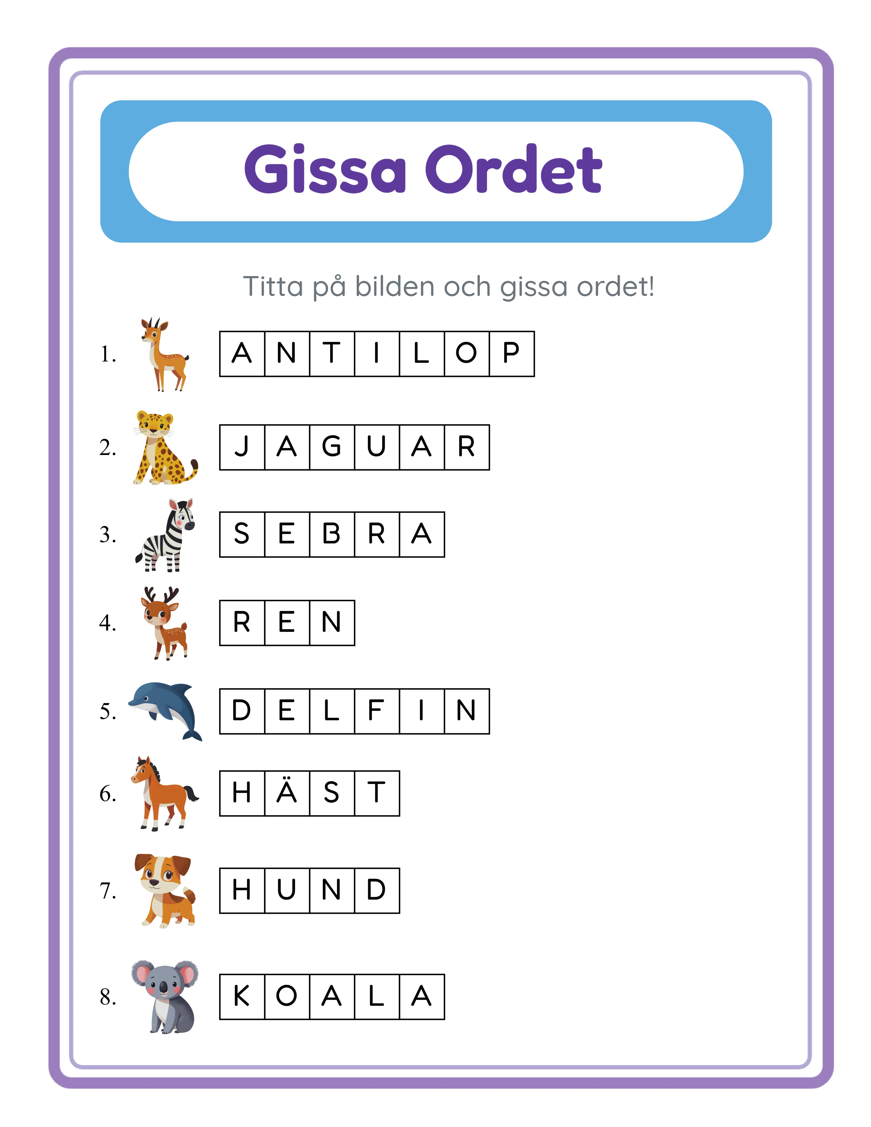 Word guess printable answer key