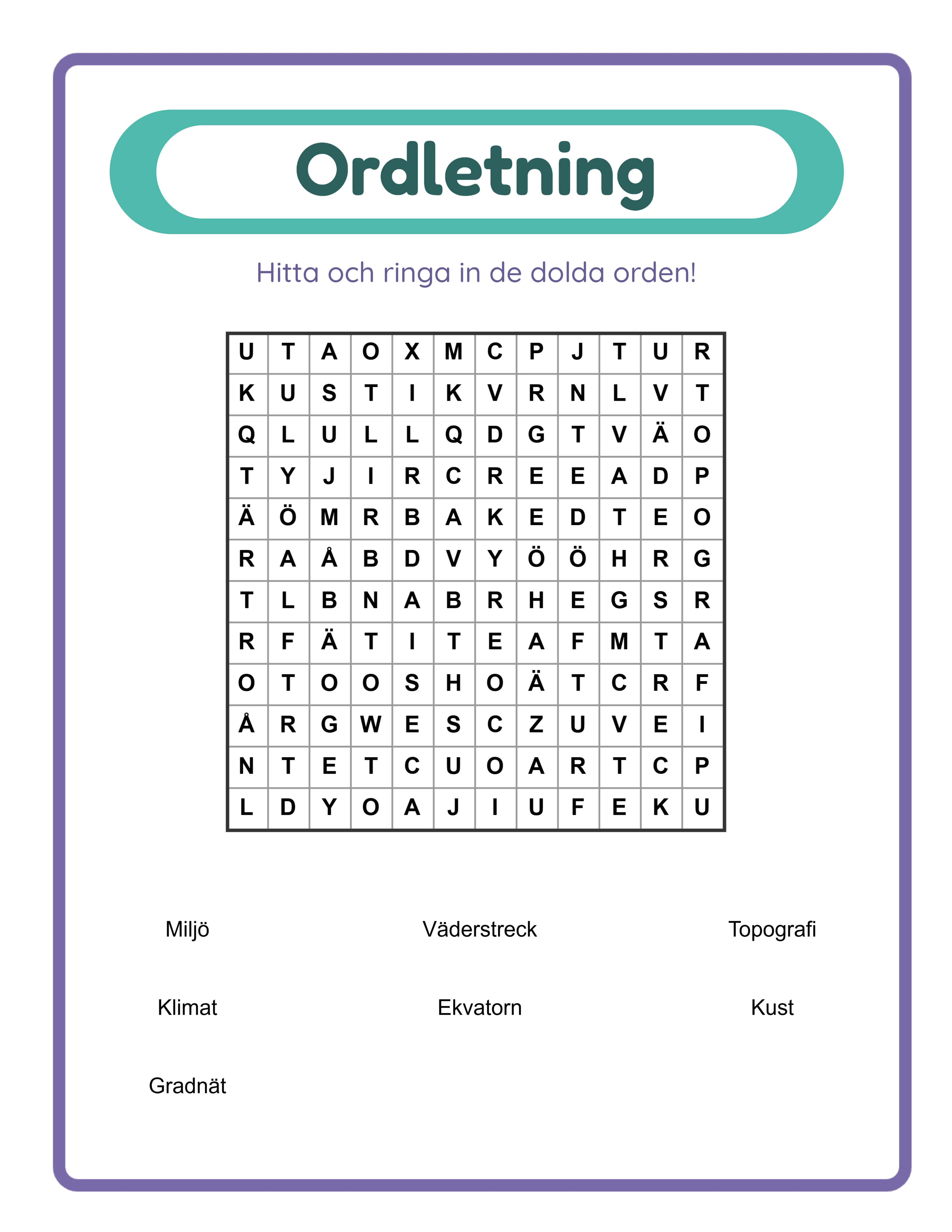 Hitta orden! — Arbetsblad exempel 3