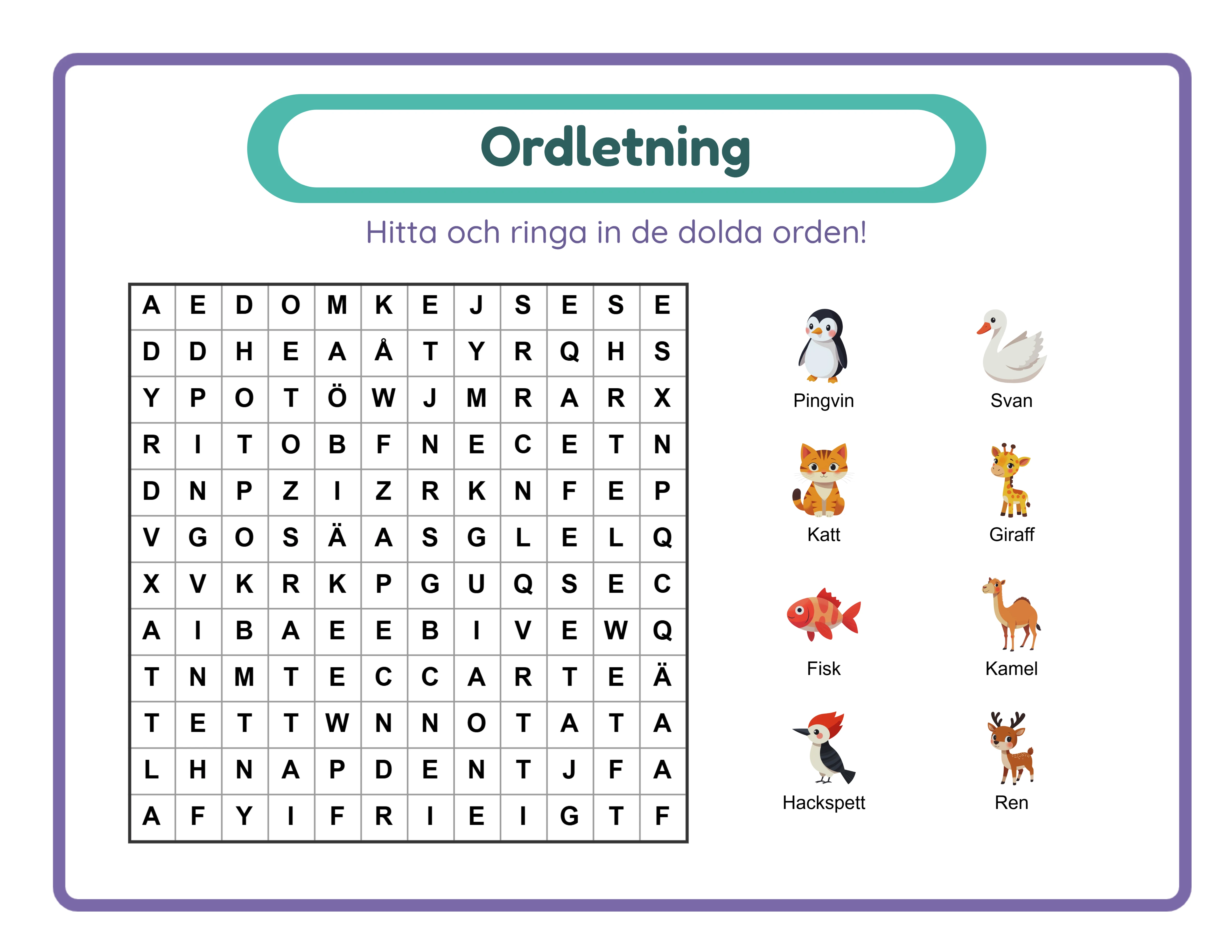 Hitta orden! — Arbetsblad exempel 2