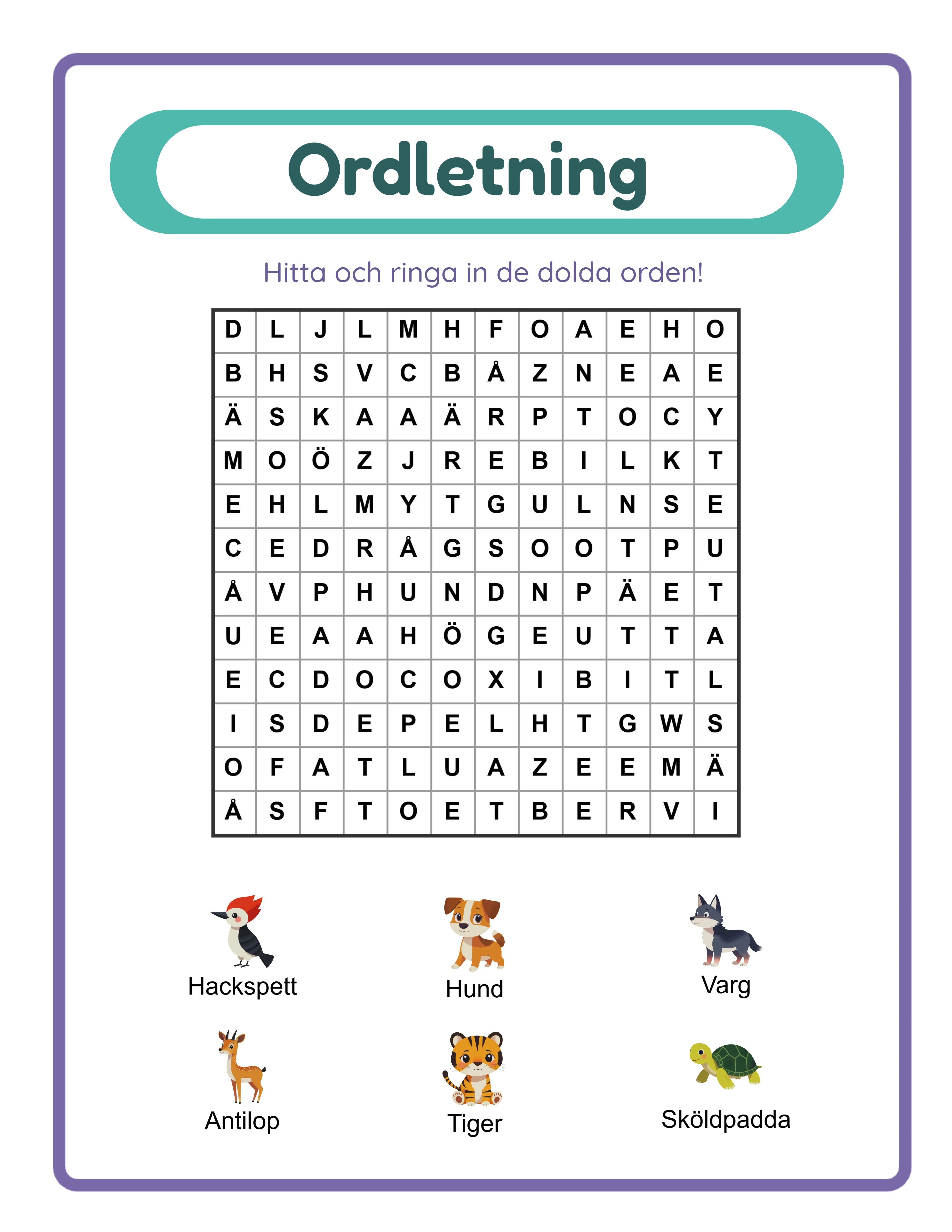 Hitta orden! — Utvalt arbetsblad