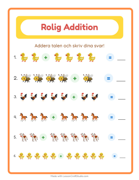 Förhandsvisning av Addition-arbetsblad med Bondgårdsdjur för Förskoleklass