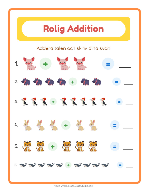 Addition med bilder och djur – arbetsblad för årskurs 1 — 2