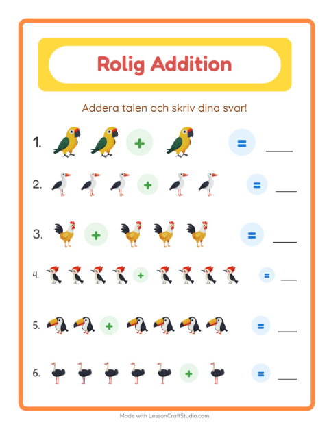 Förhandsvisning av Addition-arbetsblad med Fåglar 2 för Förskoleklass