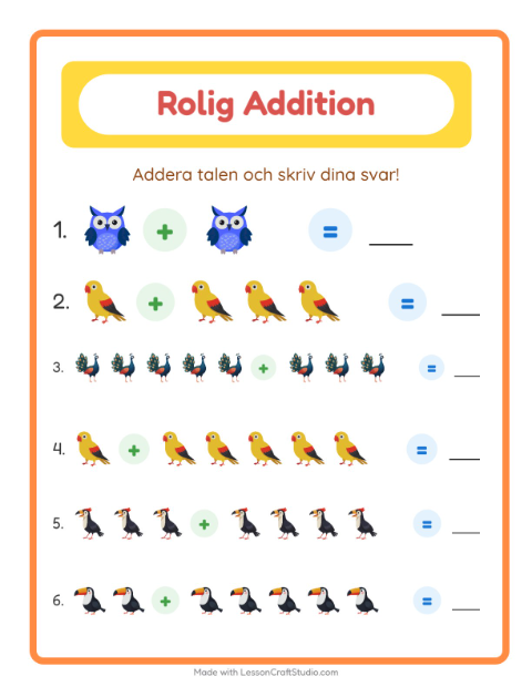 Förhandsvisning av Addition-arbetsblad med Fåglar för Förskoleklass