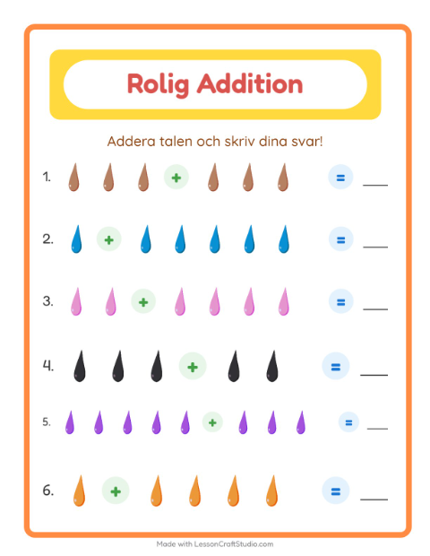 Förhandsvisning av Addition-arbetsblad med Färger för Förskoleklass