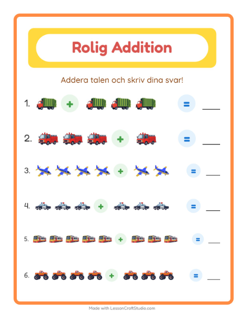 Förhandsvisning av Addition-arbetsblad med Fordon för Förskoleklass