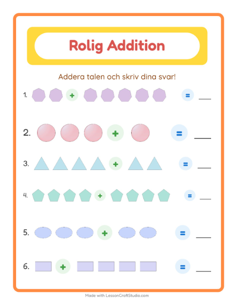 Förhandsvisning av Addition med bilder och former – arbetsblad för årskurs 1
