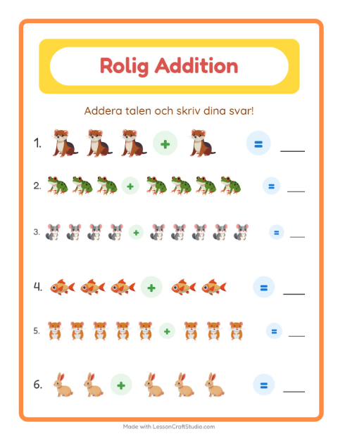 Förhandsvisning av Addition-arbetsblad med Husdjur för Förskoleklass