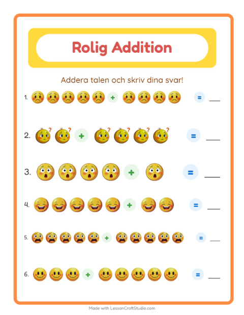 Förhandsvisning av Addition-arbetsblad med Känslor för Förskoleklass