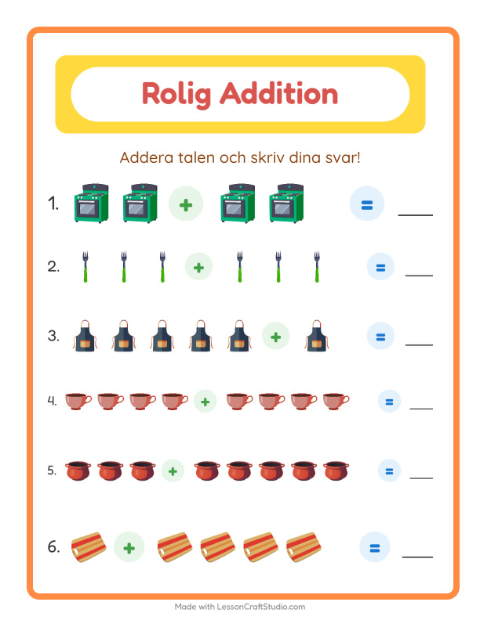 Förhandsvisning av Addition med bilder och redskap – arbetsblad för årskurs 1